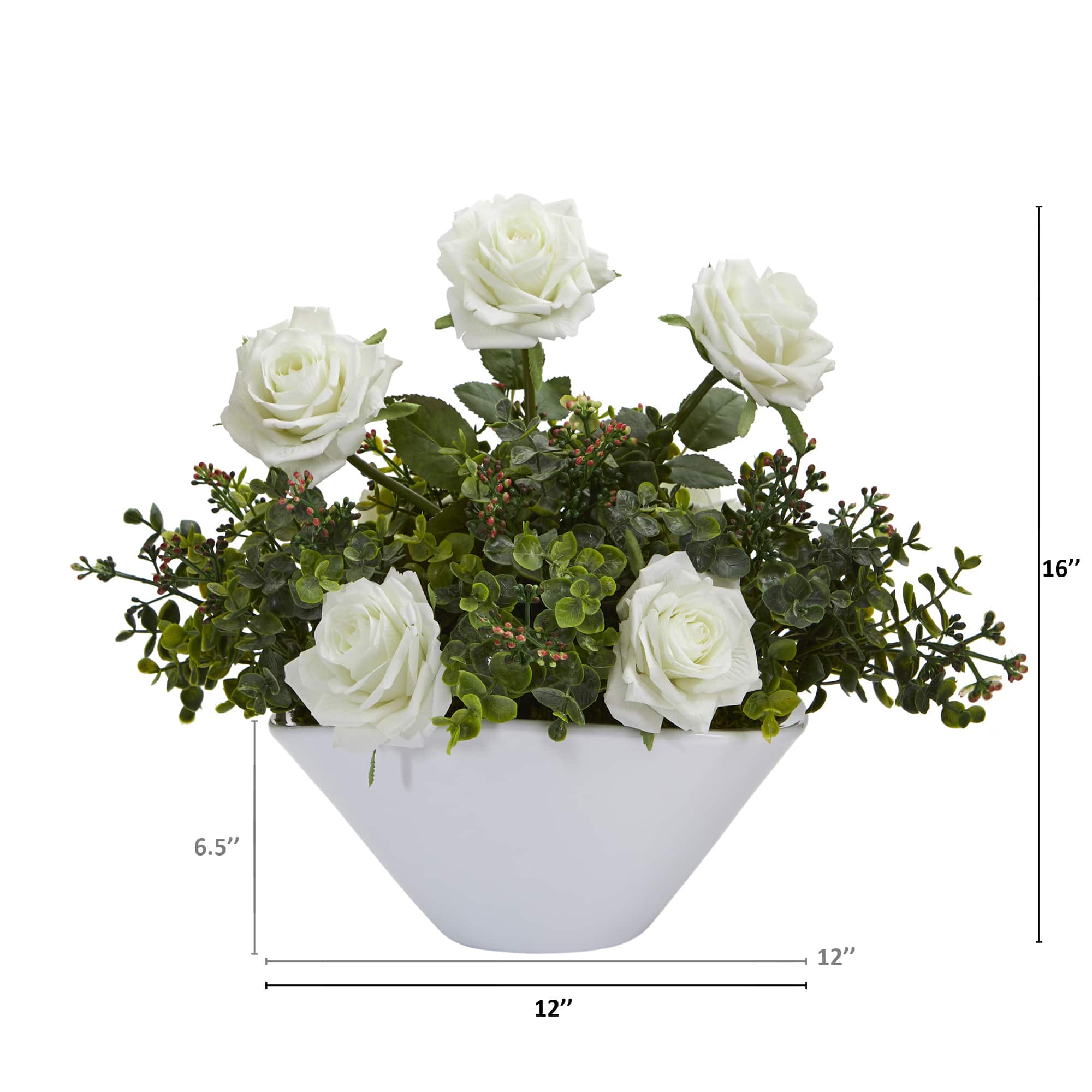16" Roses and Eucalyptus Artificial Arrangement in White Vase