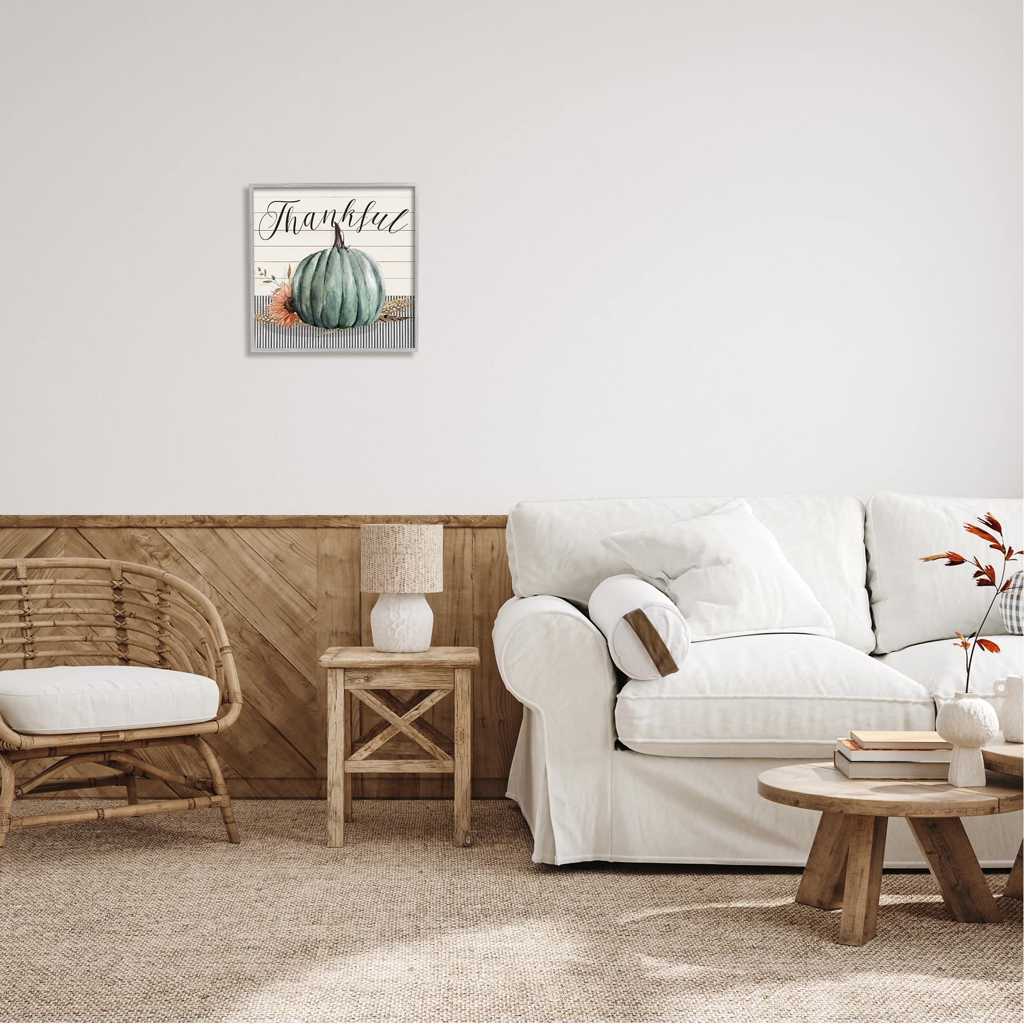 Stupell Industries Thankful Autumn Floral Pumpkin Framed Giclee Art