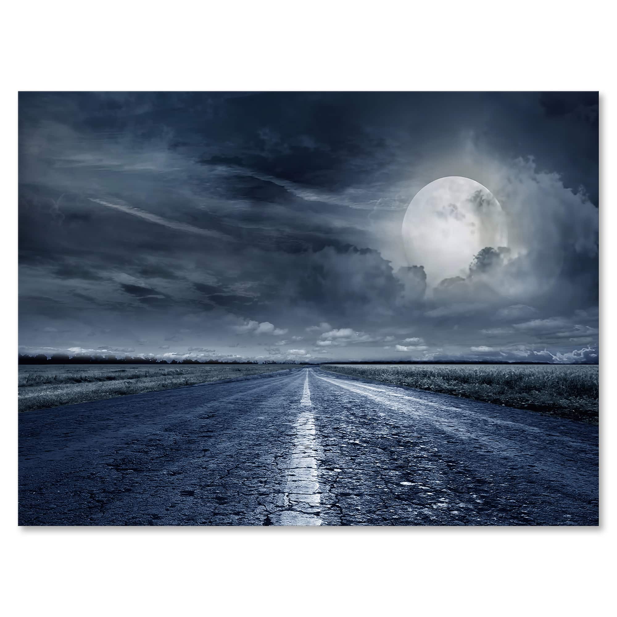 Designart - Asphalt Road Under Cloudy Full Moon II - Nautical & Coastal Canvas Wall Art Print