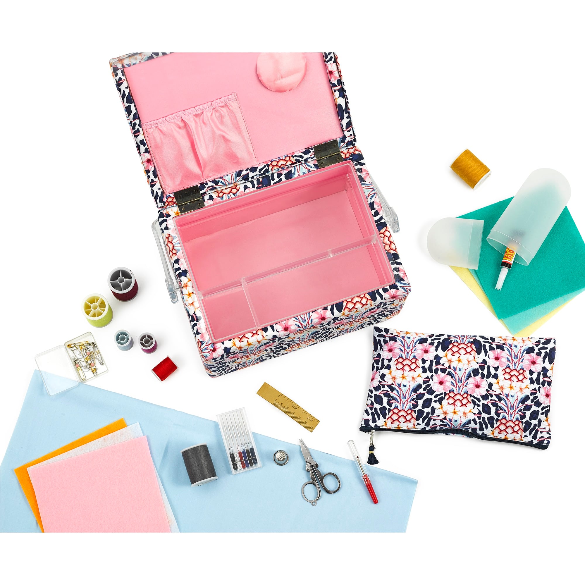 SINGER® Large Tropical Animal Print Premium Sewing Basket with Travel Sewing Kit