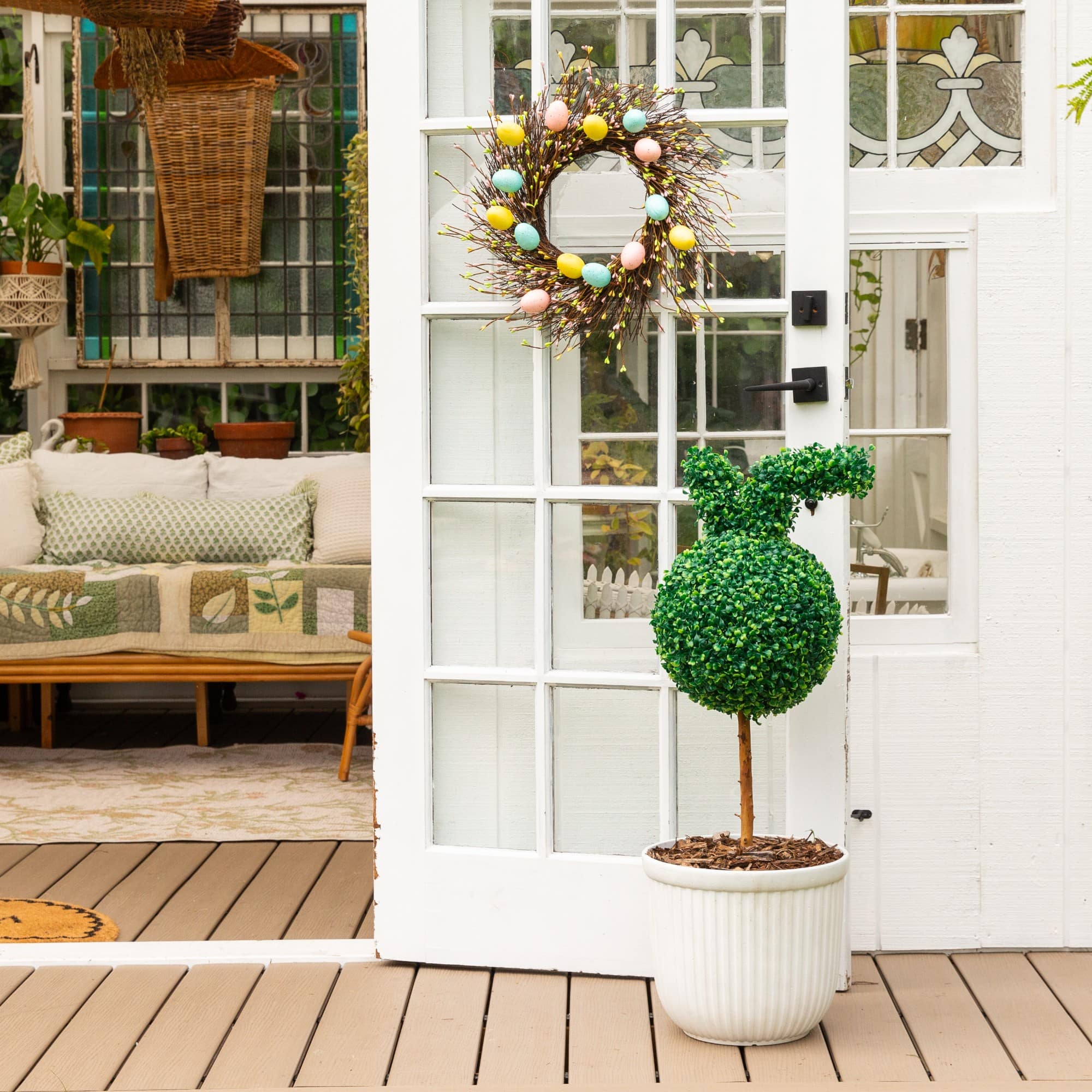 2ft. UV Resistant Artificial Easter Bunny Boxwood Topiary with Integrated Ground Stake (Indoor/Outdoor) - Set of 2