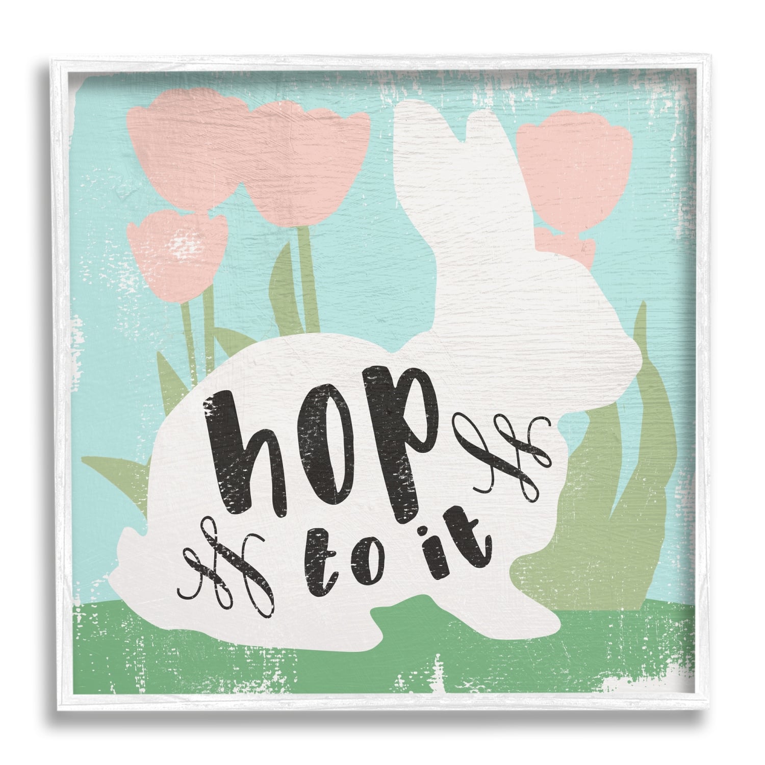 Stupell Industries Hop To It Easter Bunny Phrase Spring Tulips Framed Giclee Art