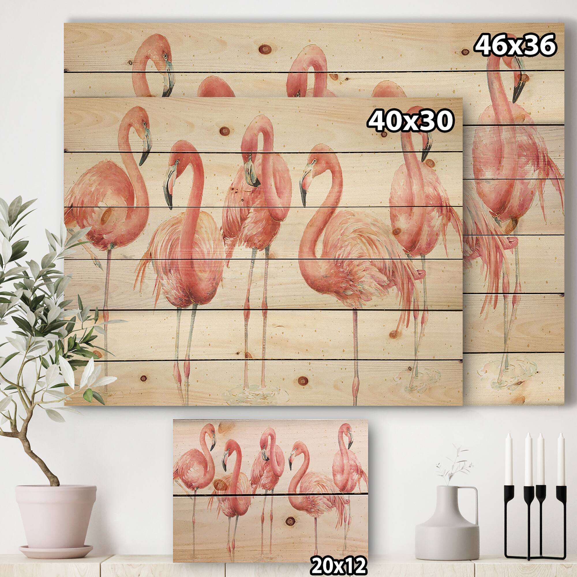 Designart - Gracefully Pink Shabby flamingo - Farmhouse Print on Natural Pine Wood
