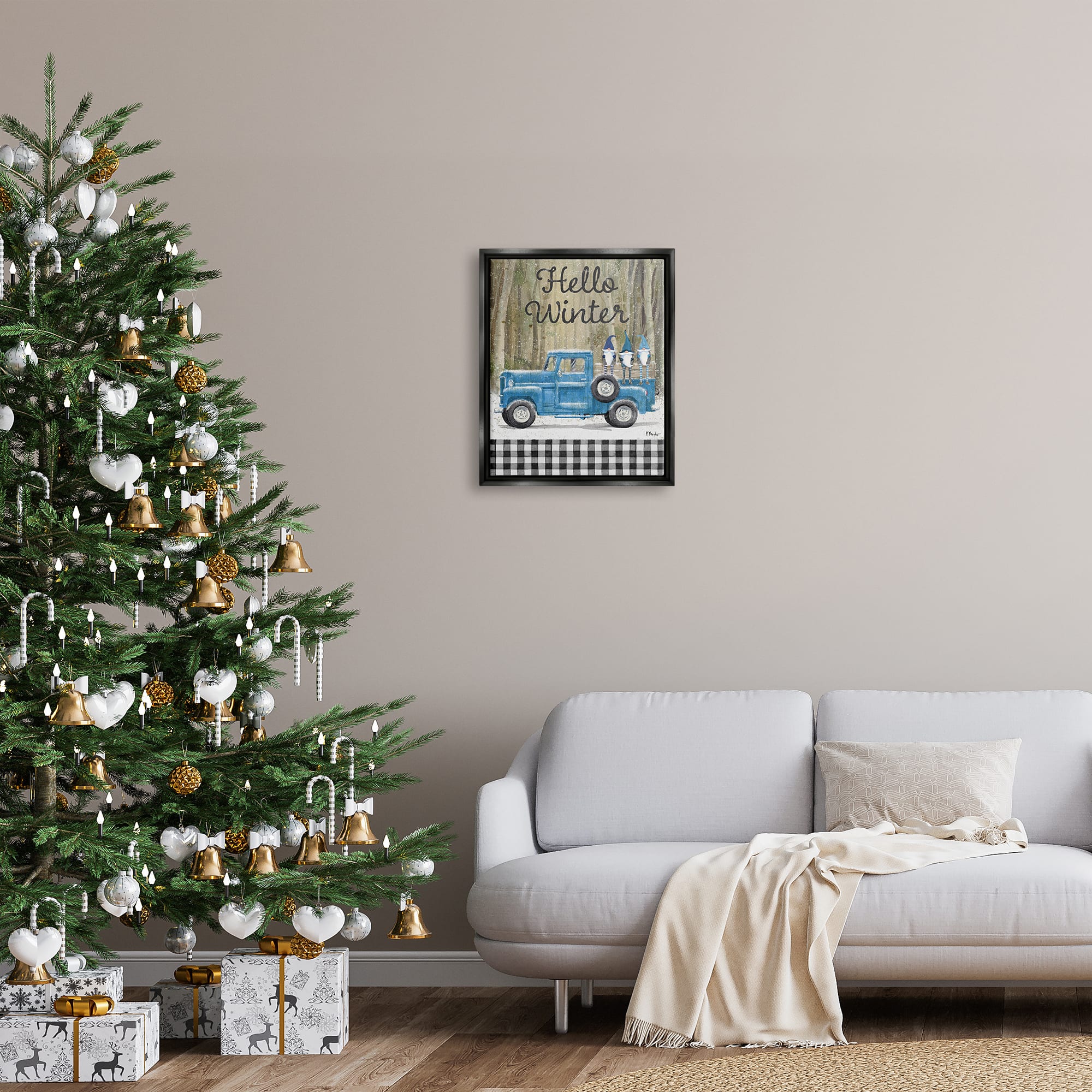 Stupell Industries Hello Winter Plaid Gnomes Framed Floater Canvas Wall Art