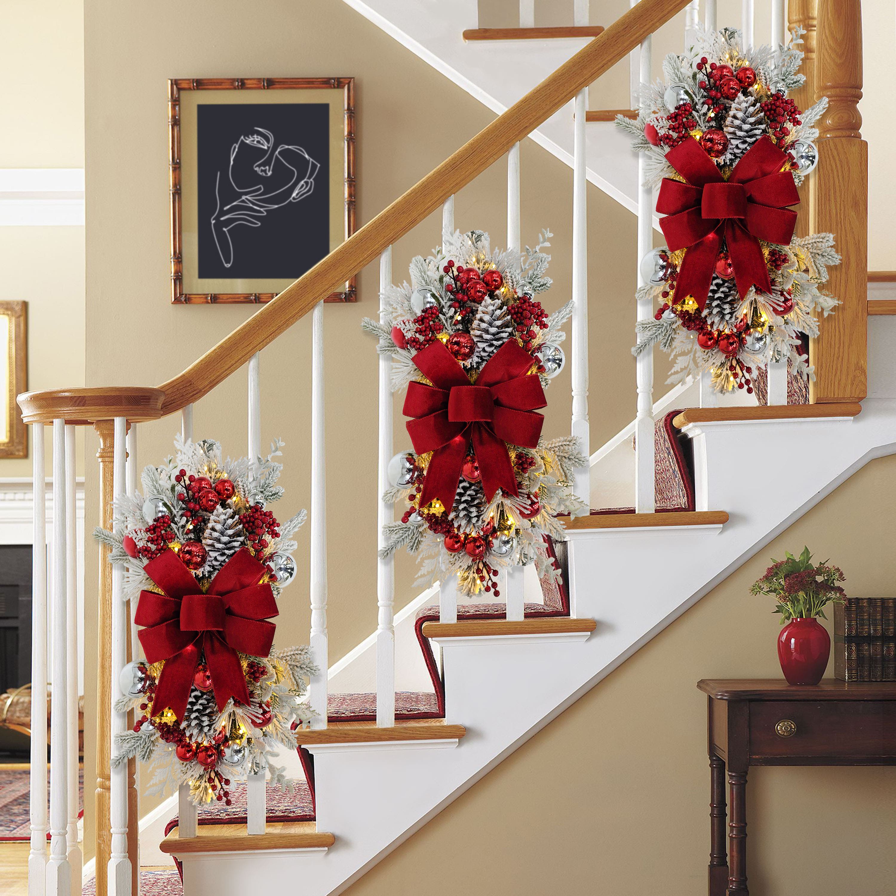 28" Pre-Lit Red & Silver Adorned Artificial Flocked Banister Swag