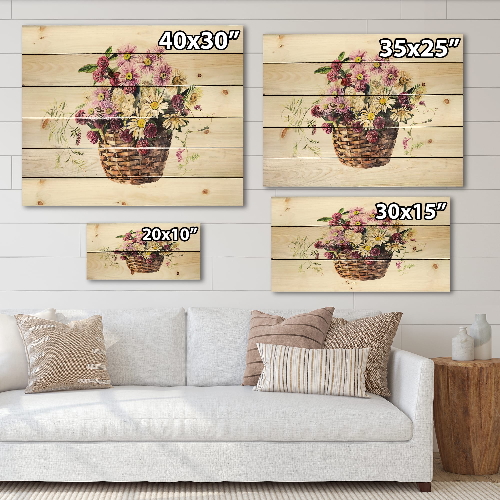 Designart - Bouquet From Meadow Flowers In The Basket - Traditional Print on Natural Pine Wood