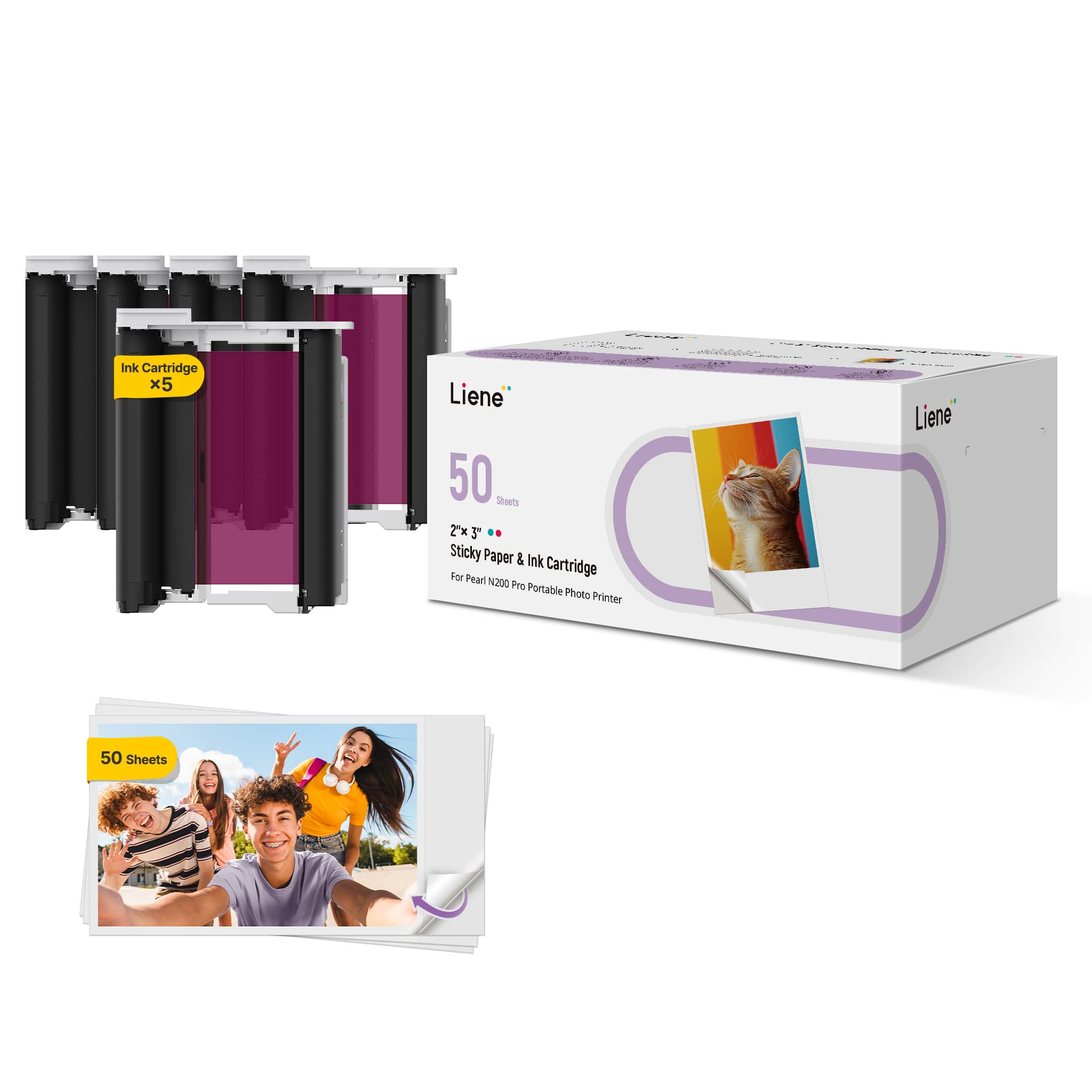 Liene® Pearl N200 Pro 2" x 3" Dye-Sublimation Photo Paper & Ink Cartridges