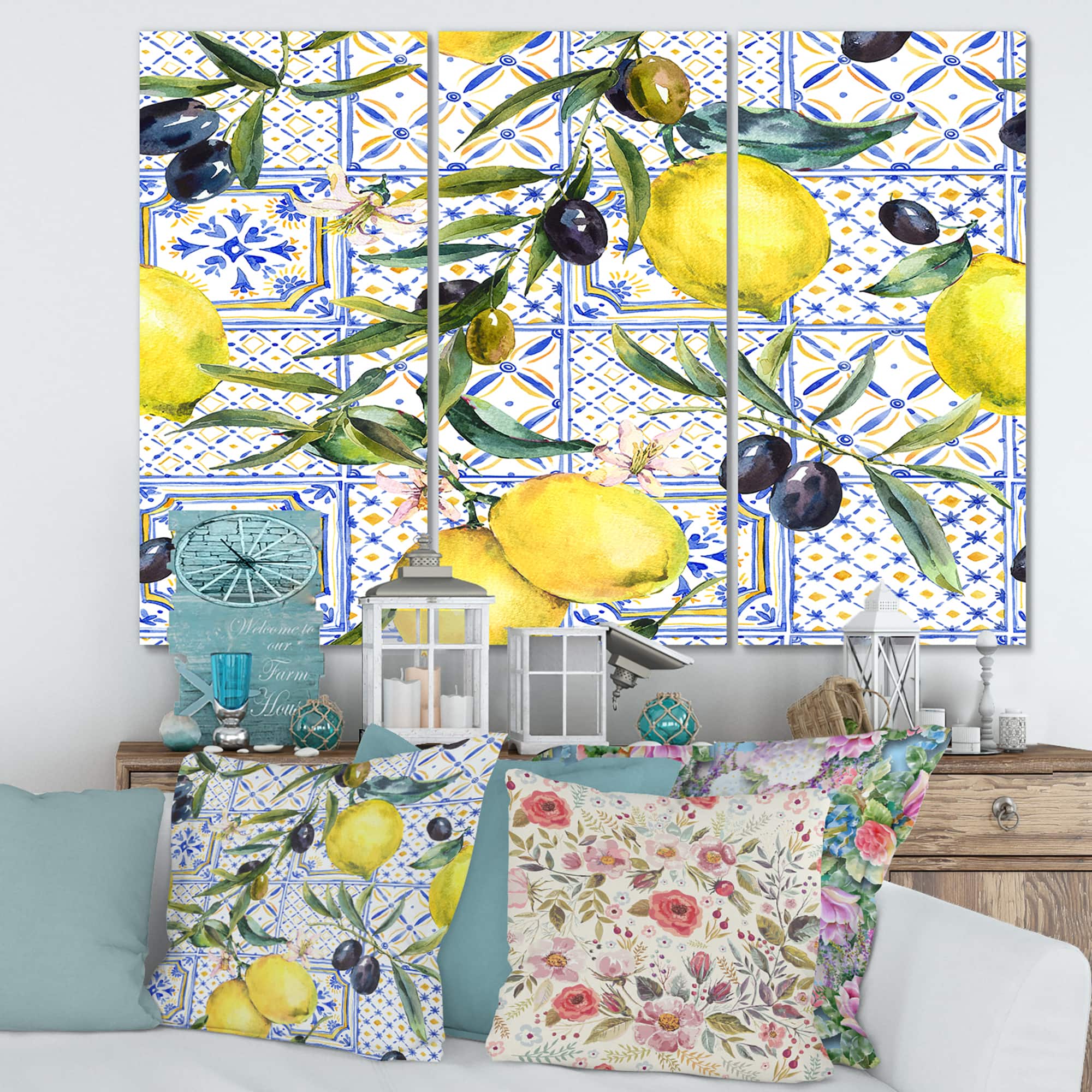 Designart - Lemon Ornament On Blue Geometrical Pattern III - Tropical Canvas Wall Art Print