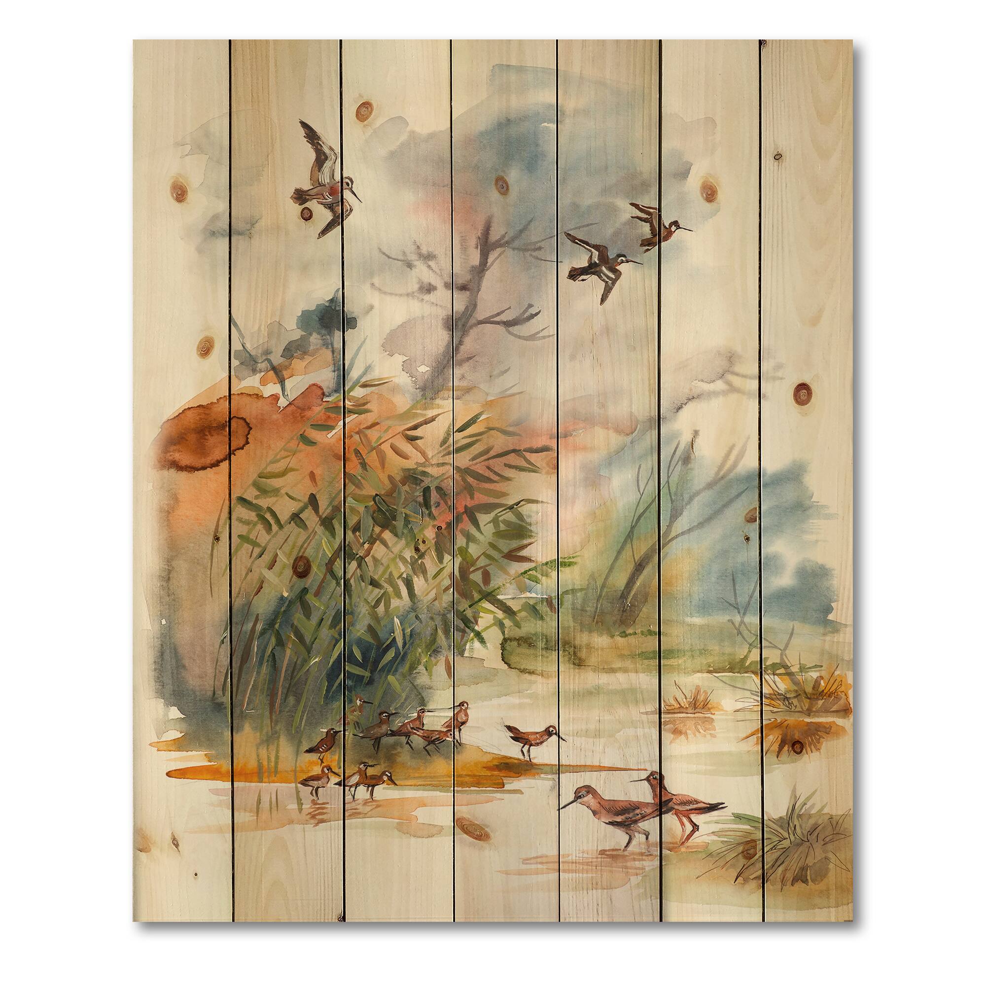 Designart - Autumn Landscape With Flying Over The Water - Traditional Print on Natural Pine Wood