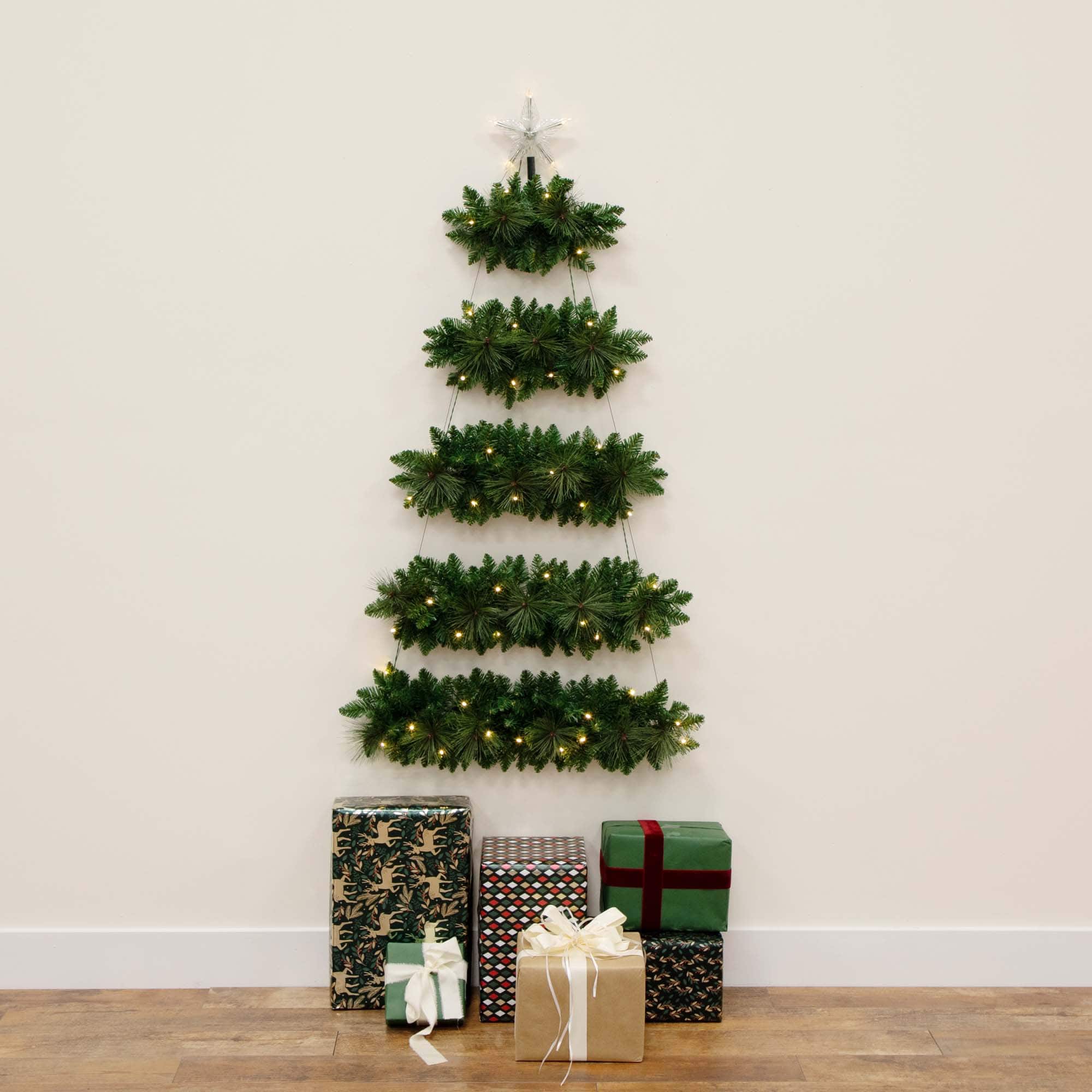 5ft. Pre-Lit Fir Wall Hanging Artificial Christmas Tree with Star Topper, Warm White LED Lights