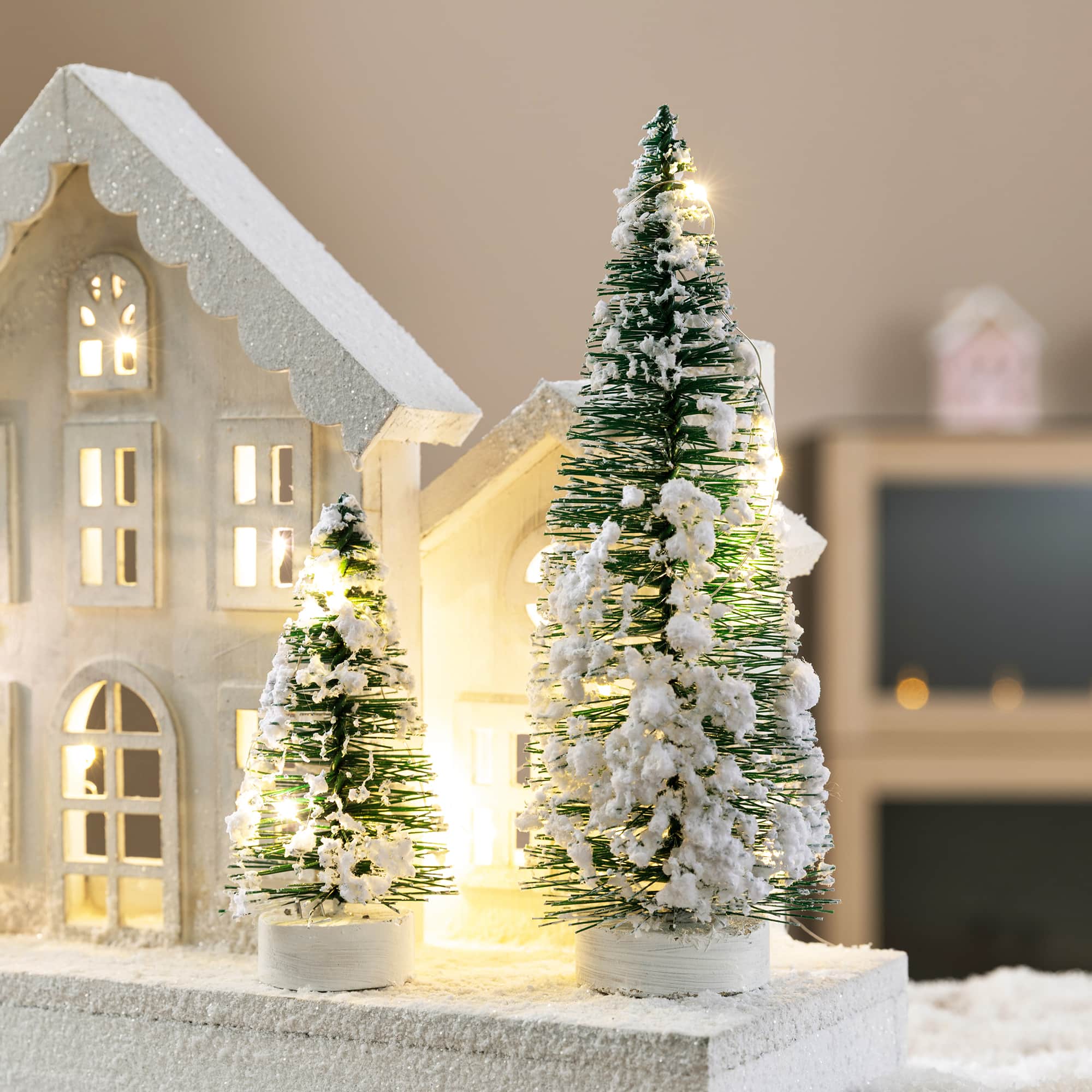 Glitzhome® Lighted Wooden Snowy Village Christmas Table Décor