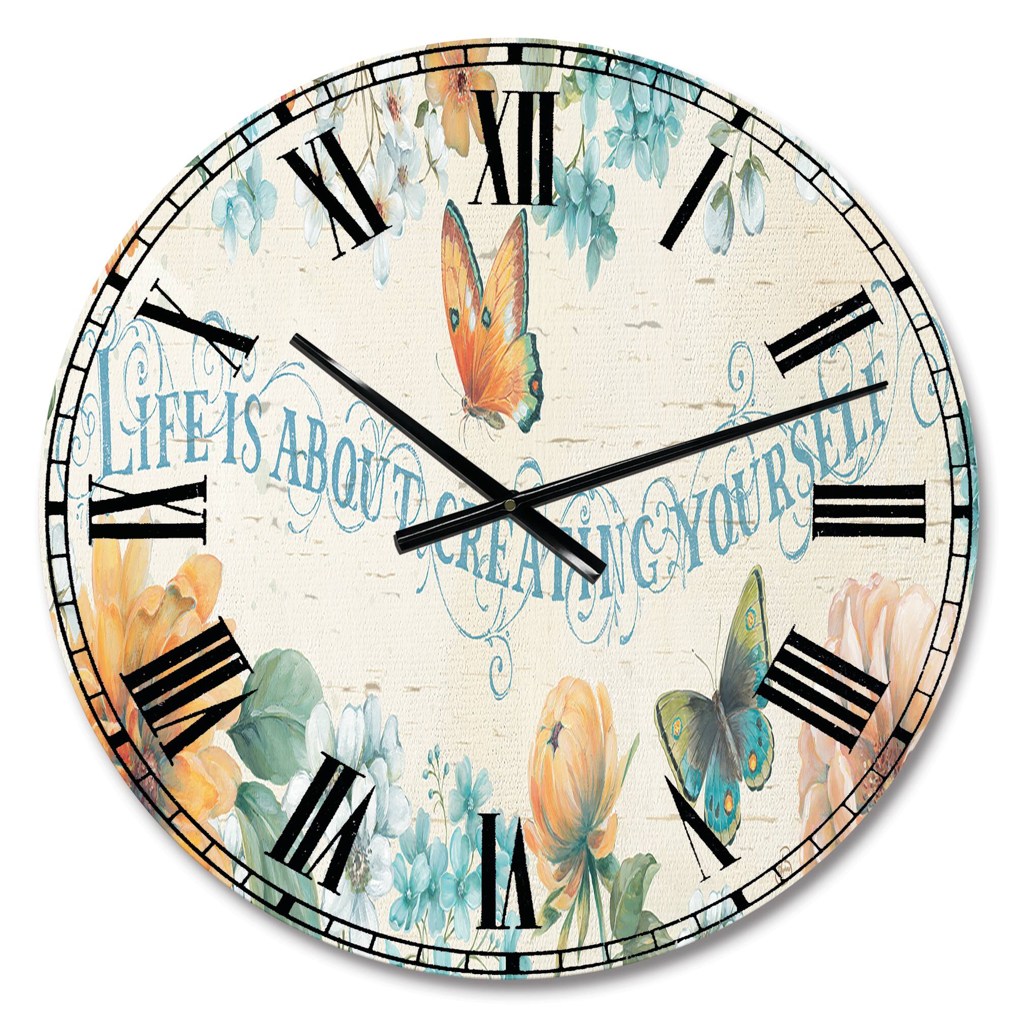 Designart Butterfly Bloom Lovely Quote Farmhouse Wall Clock