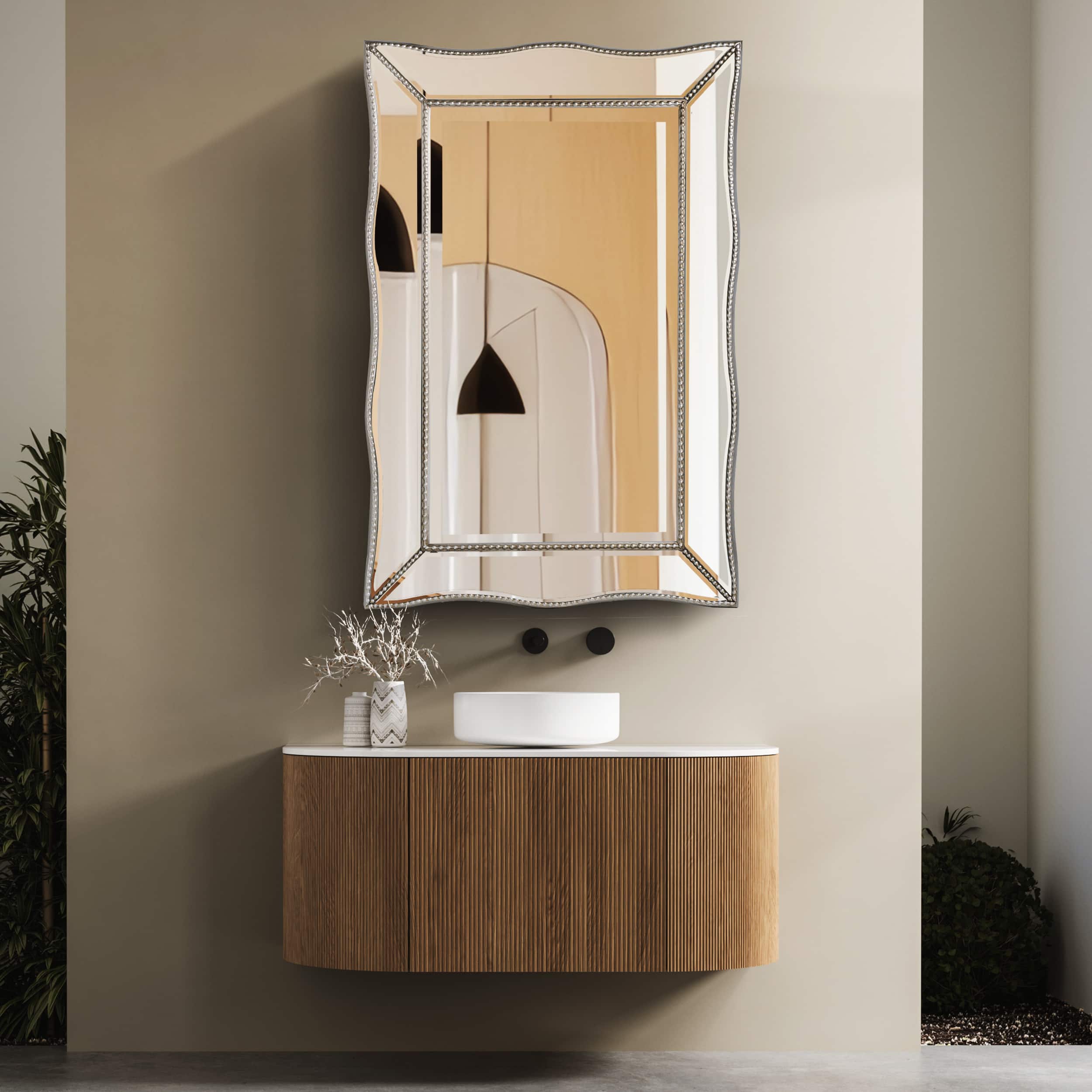 Head West Champagne Silver 24" x 36" Beaded Glass Scalloped Beveled Accent Vanity Mirror