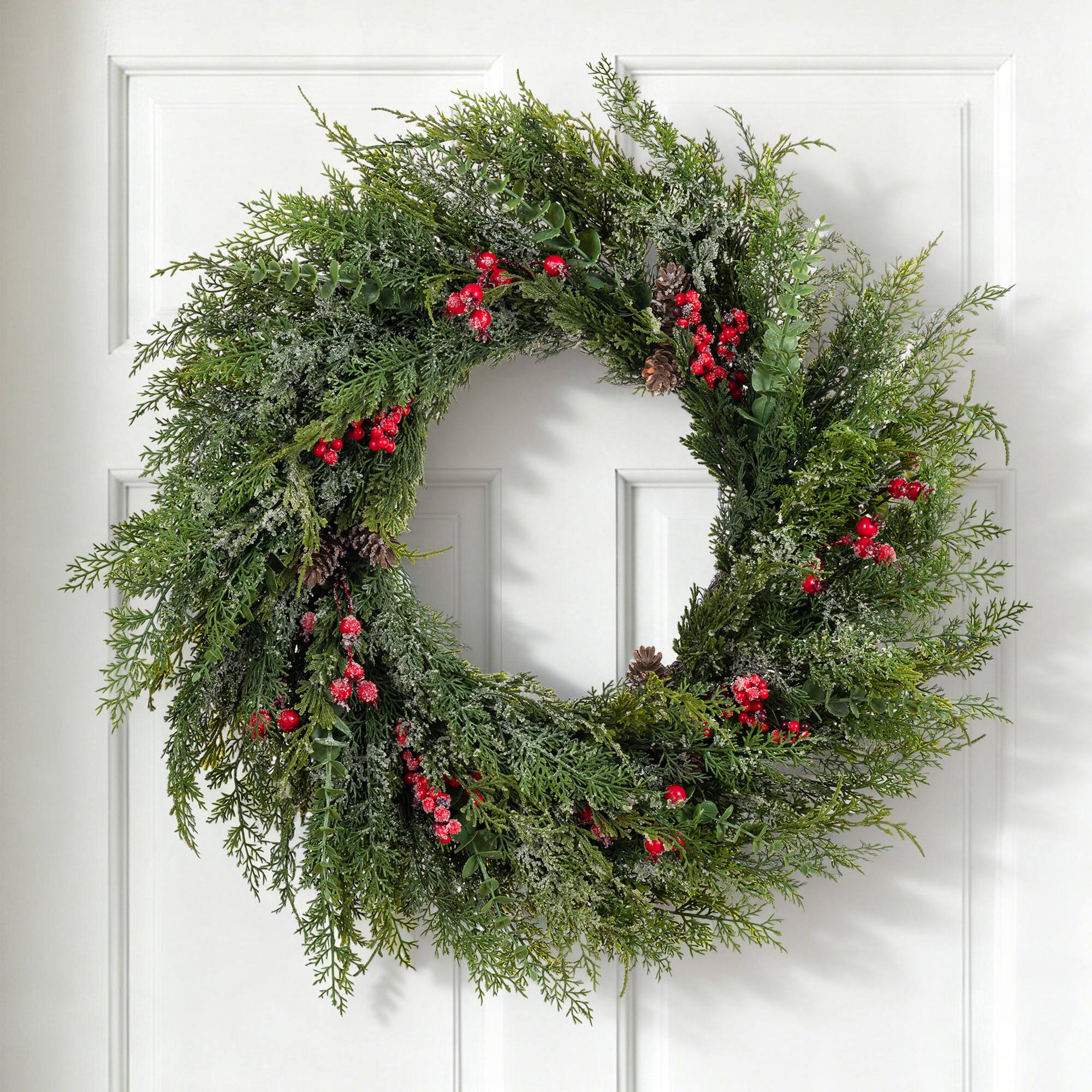 Glitzhome® 28" Christmas Greenery Frosted PE Wreath with Pinecones & Red Berries