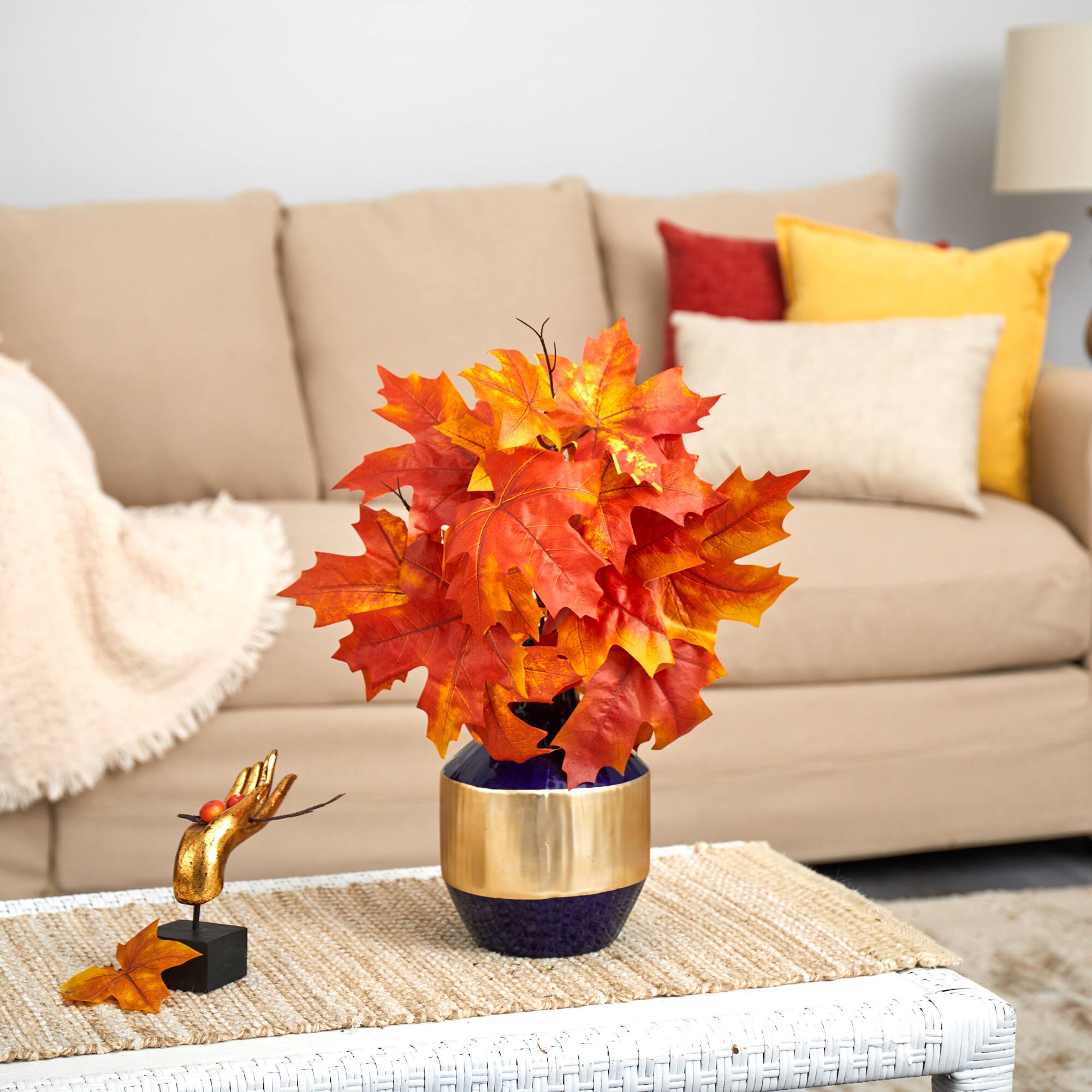 18" Autumn Maple Leaf Plant in Decorative Blue & Gold Planter