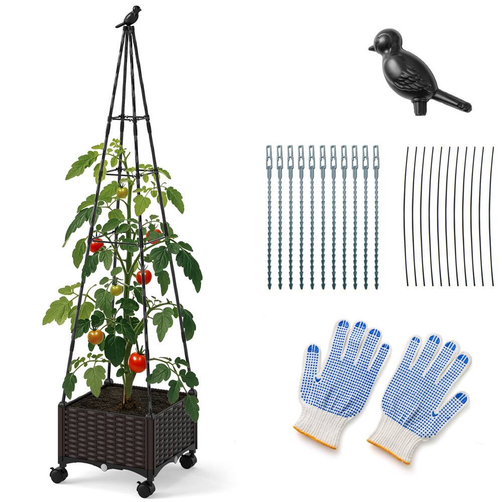 Costway Raised Garden Bed with Plant Box & Obelisk Trellis Lockable Wheels Cage Planter Set