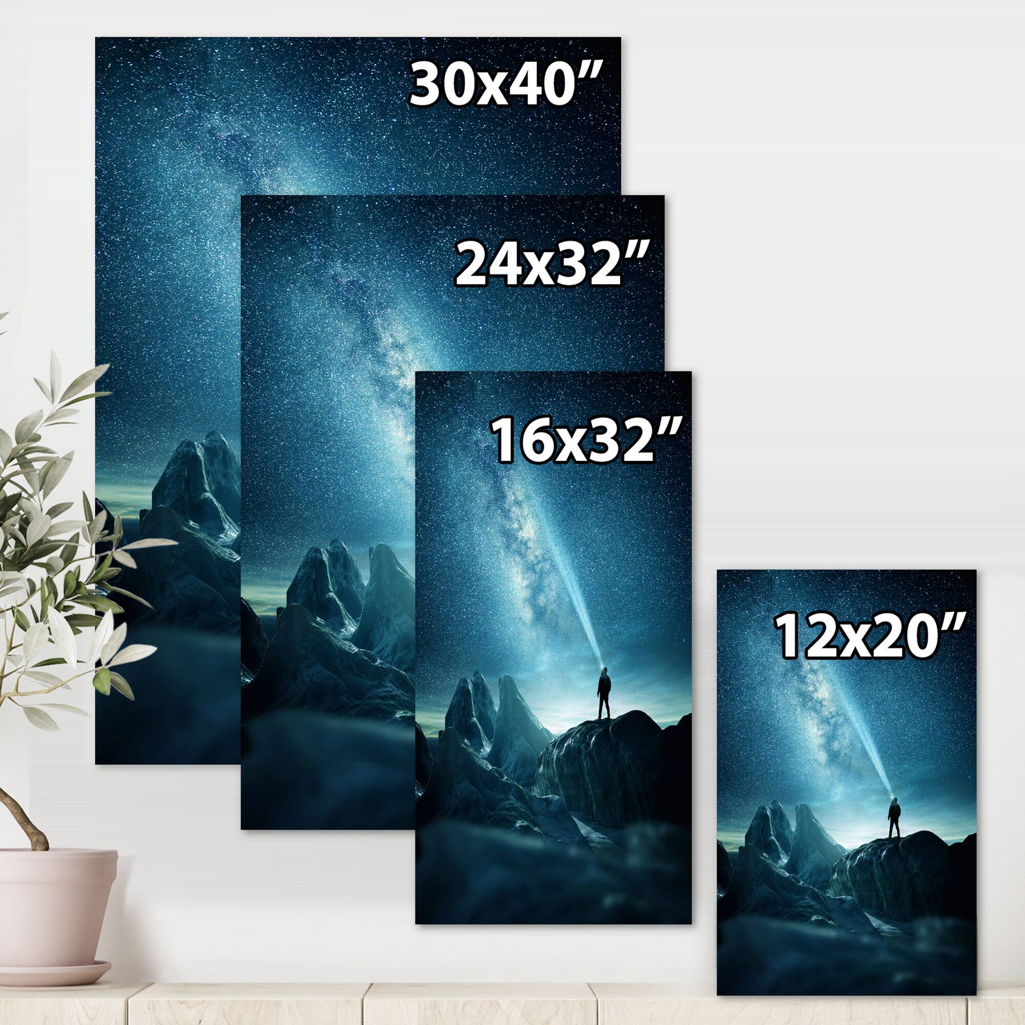 Designart - A Man Shining A Light Into The Night Sky - Modern Canvas Wall Art Print