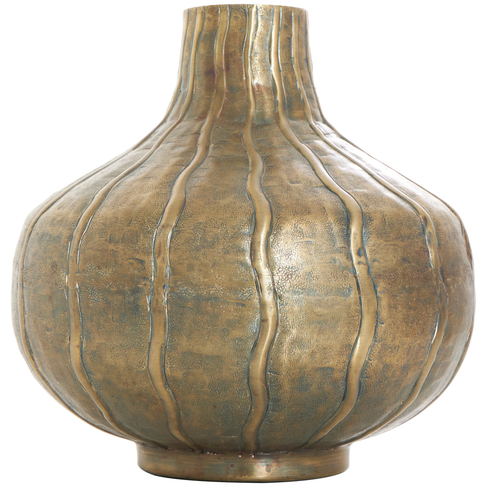 13" Brass Metal Wide Snakeskin Inspired Vase with Dimensional Wavy Accents