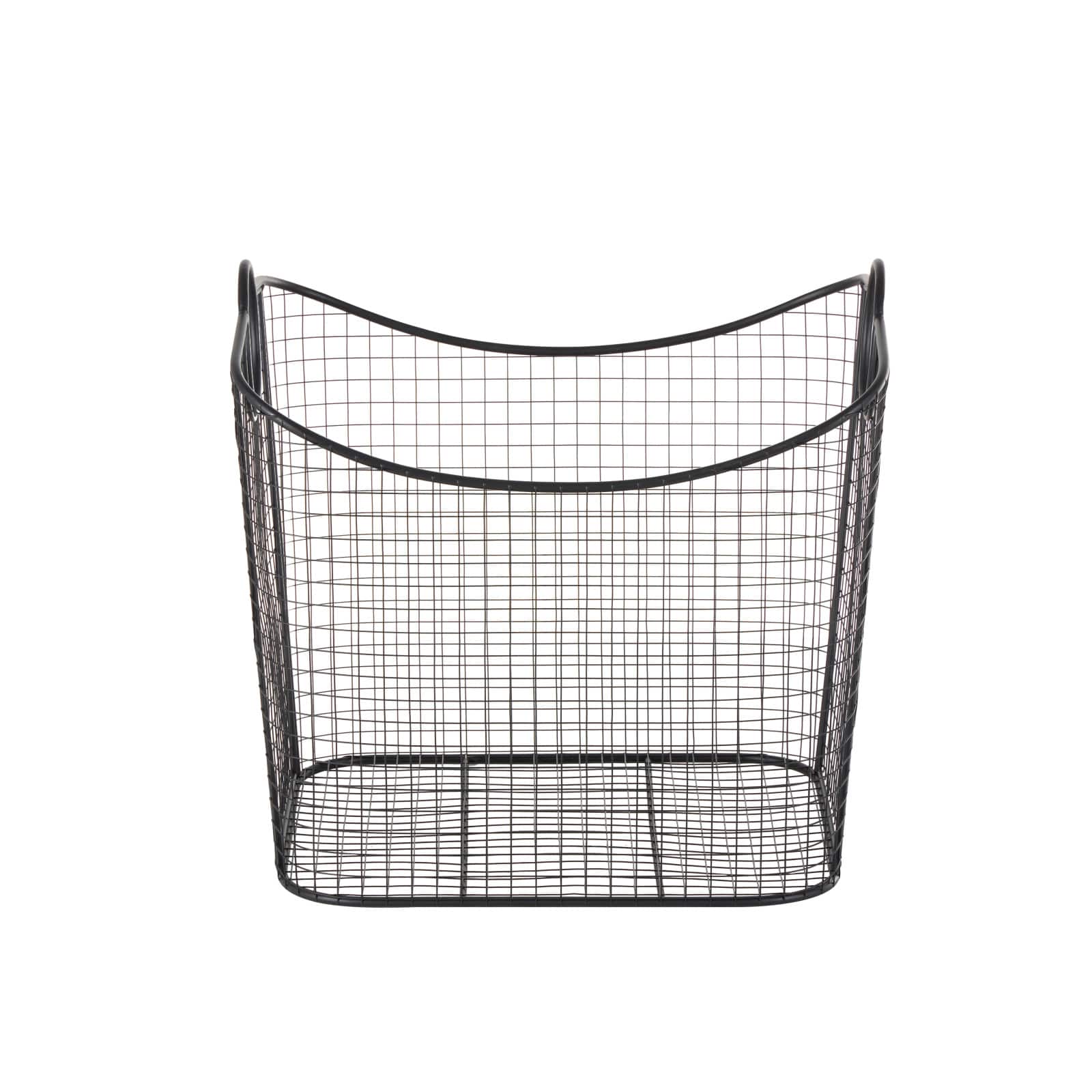 20" Black Metal Storage Basket with Curved Sides & Ring Handles