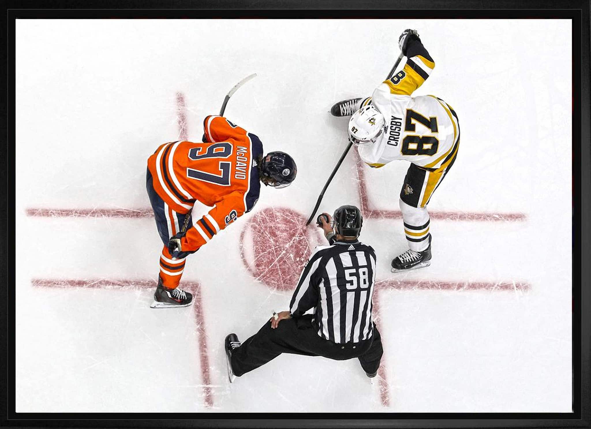 Connor McDavid and Sidney Crosby Framed 20" x 29" Overhead Face-off Canvas 31.5" x 22.5"