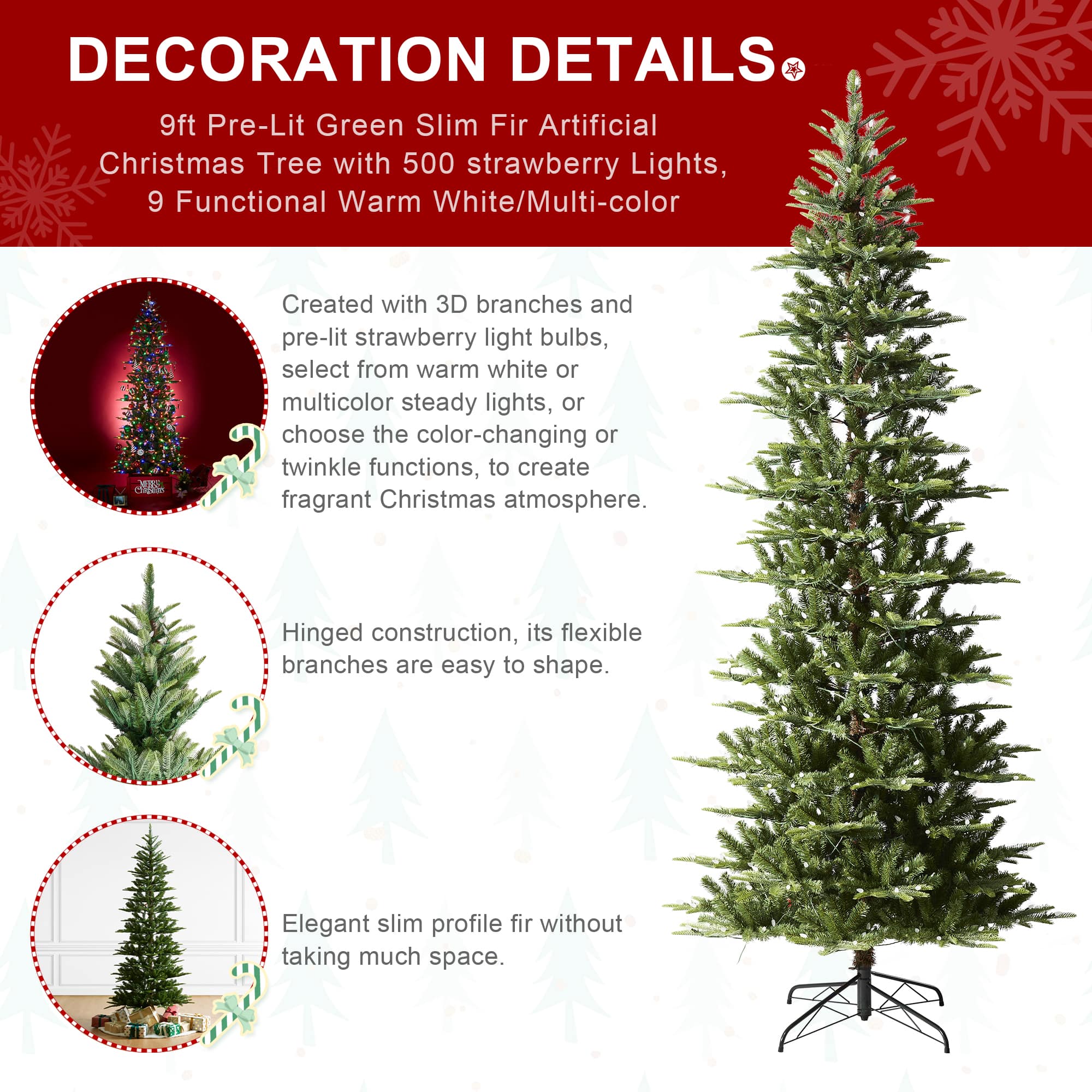 9ft. Pre-Lit Green Slim Fir Artificial Christmas Tree, Color Changing LED Lights