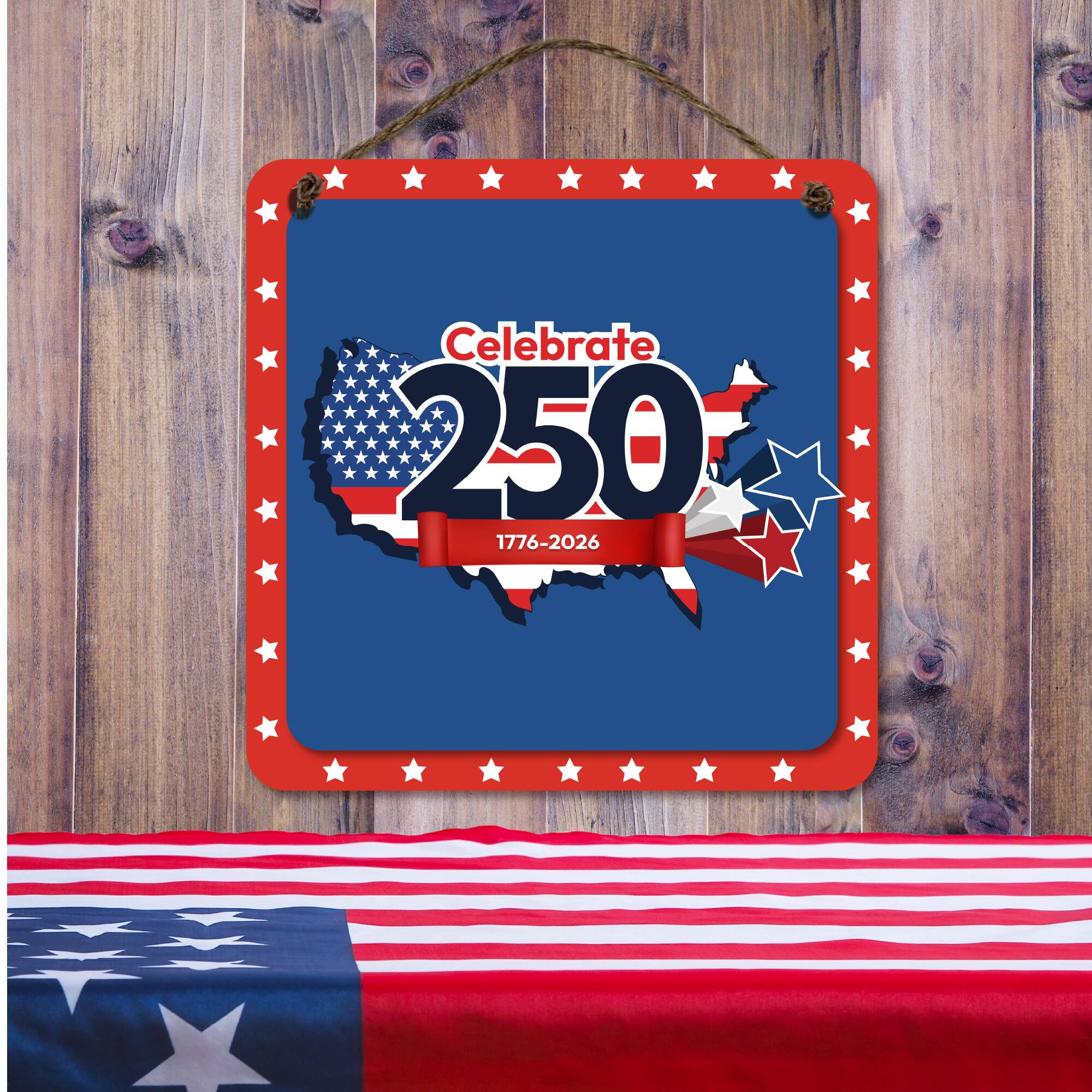 Courtside Market® Celebrate 250™ 12" x 12" Wounded Warrior Project® USA Overlay Hanging Wood Artboard with Twine