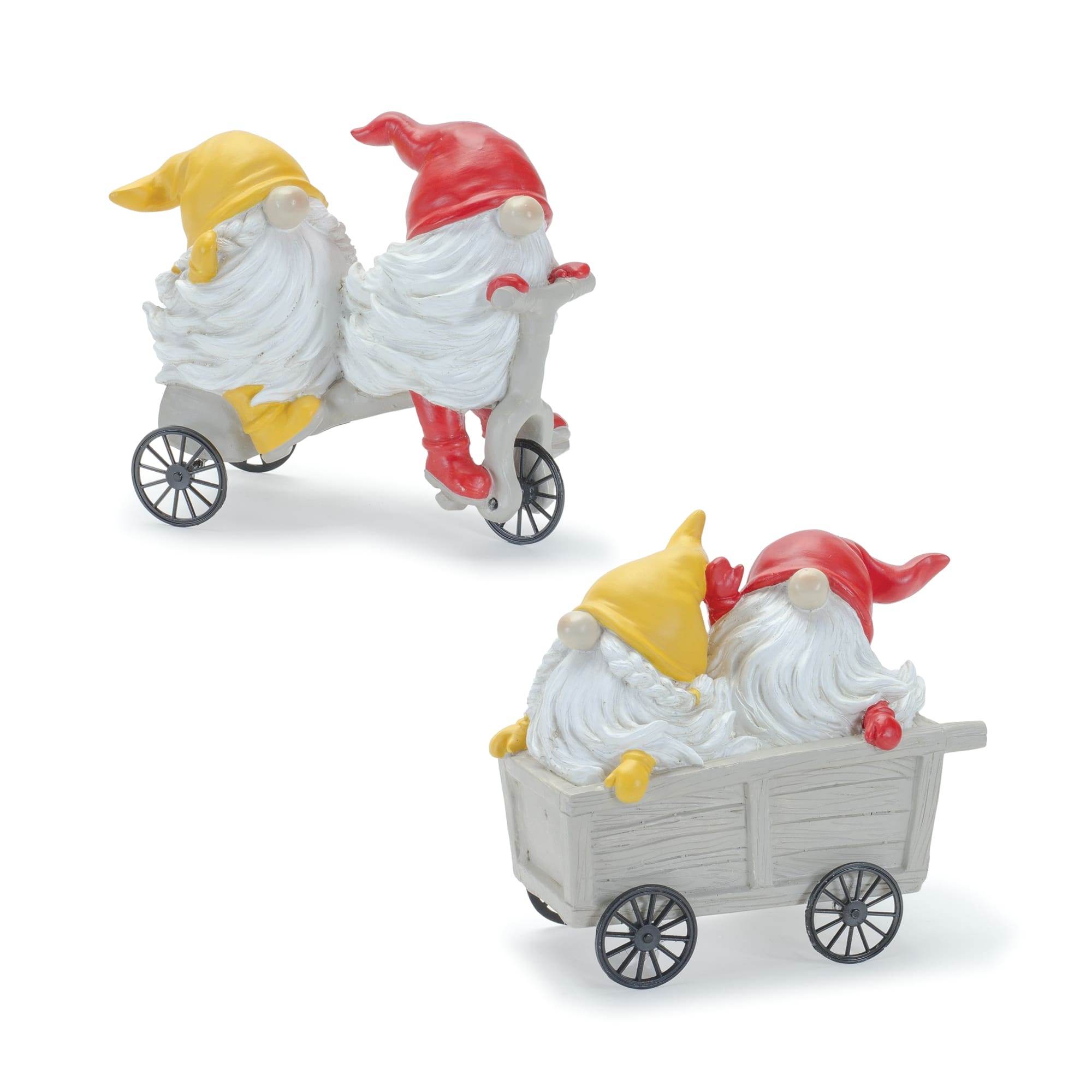 Whimsical Garden Gnomes Riding a Scooter & Wheelbarrow Figurines Set