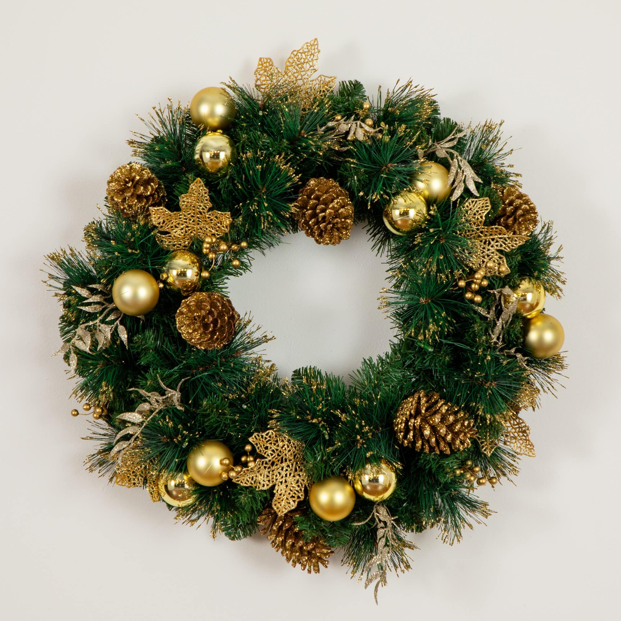 24in. Pre-Lit Artificial Golden Frosted Christmas Wreath with 50 Warm White LED Lights Pinecones, Berries and Ornaments