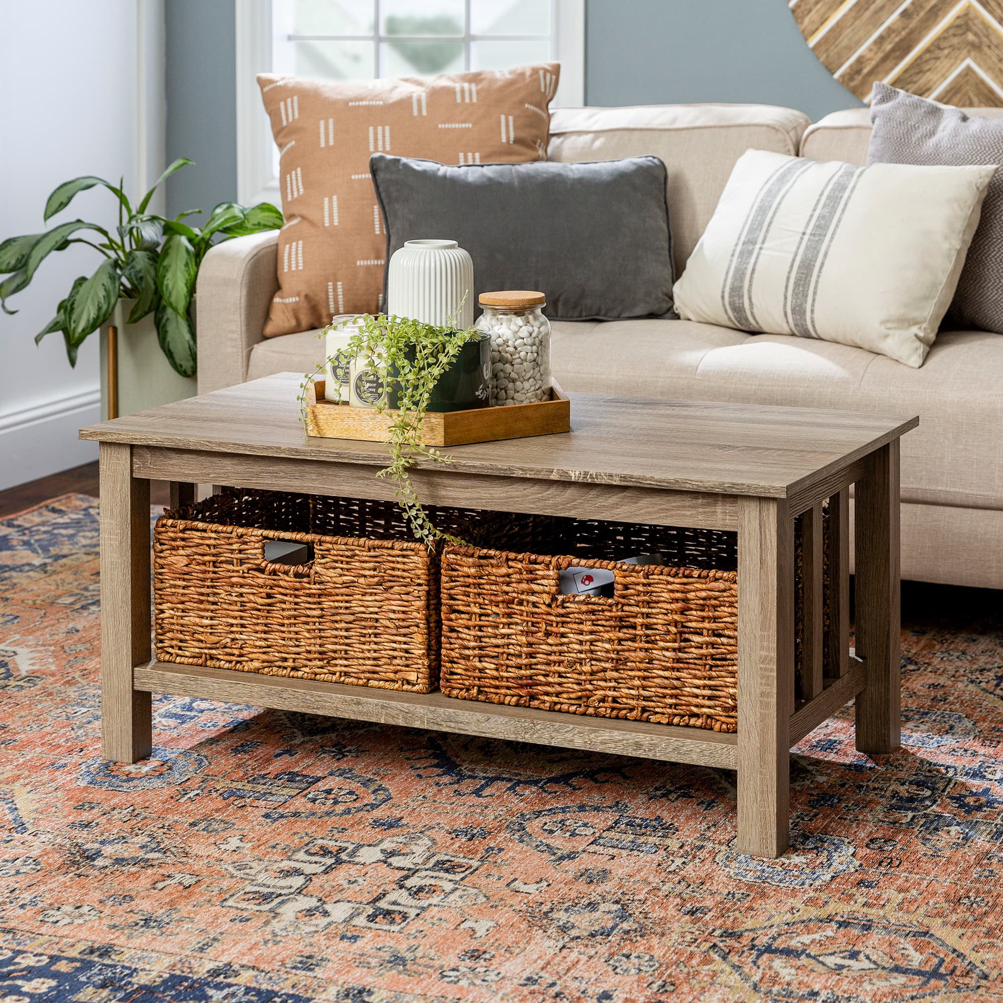Walker Edison 40" Driftwood Mission Storage Coffee Table with Baskets