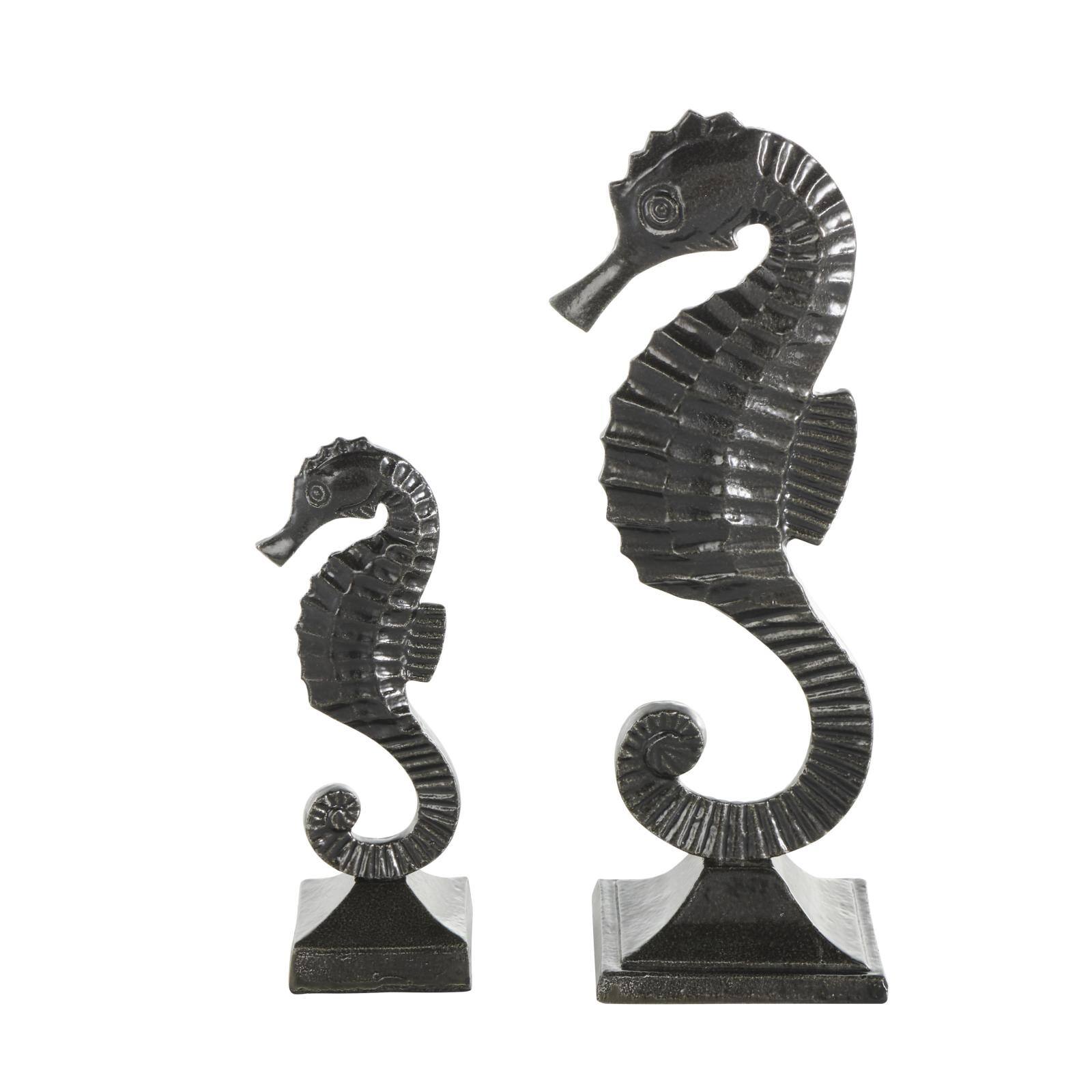 Black Aluminum Sea Horse Sculpture Set with Square Bases