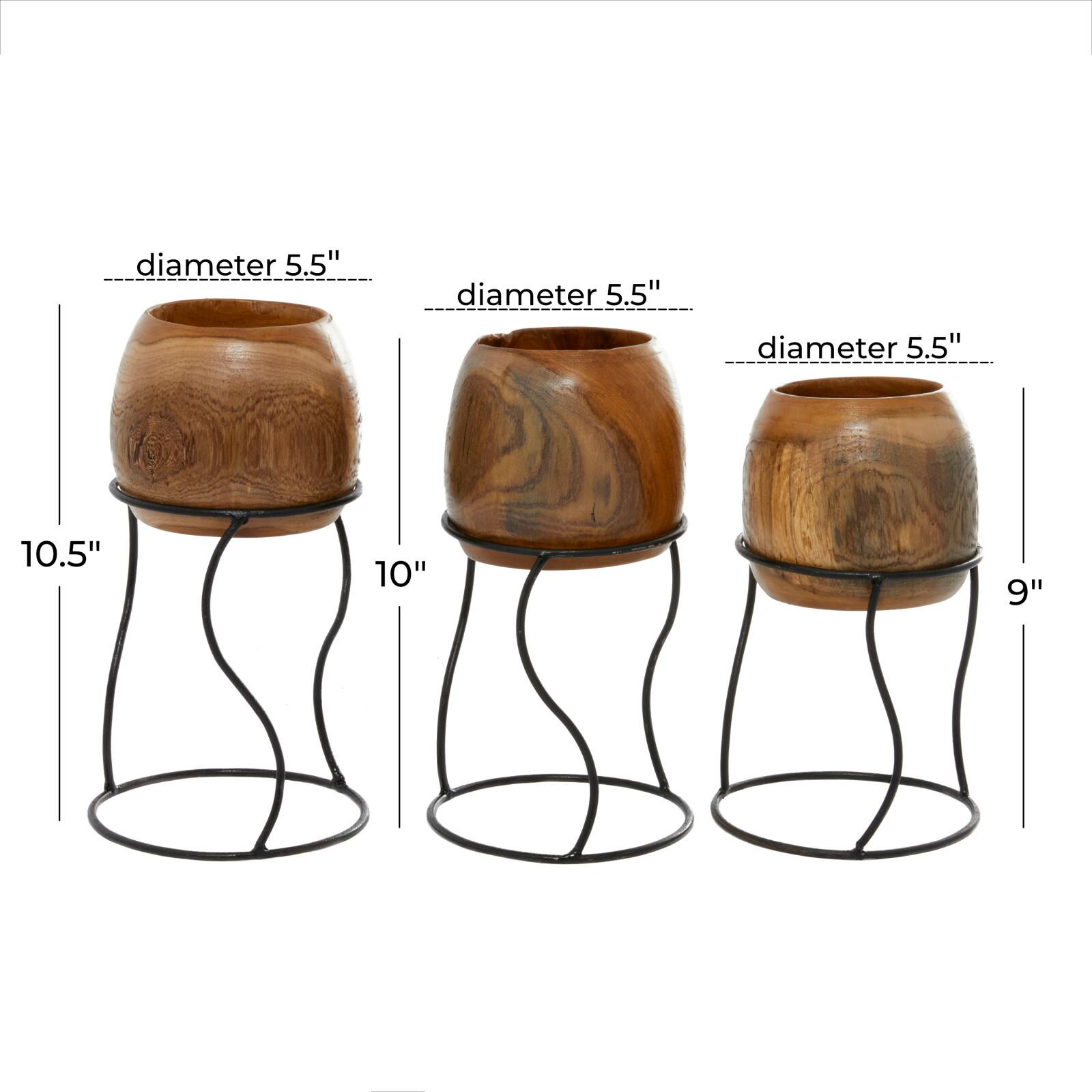 Set of 3 Brown Teak Wood Rustic Planter 9", 11", 10"