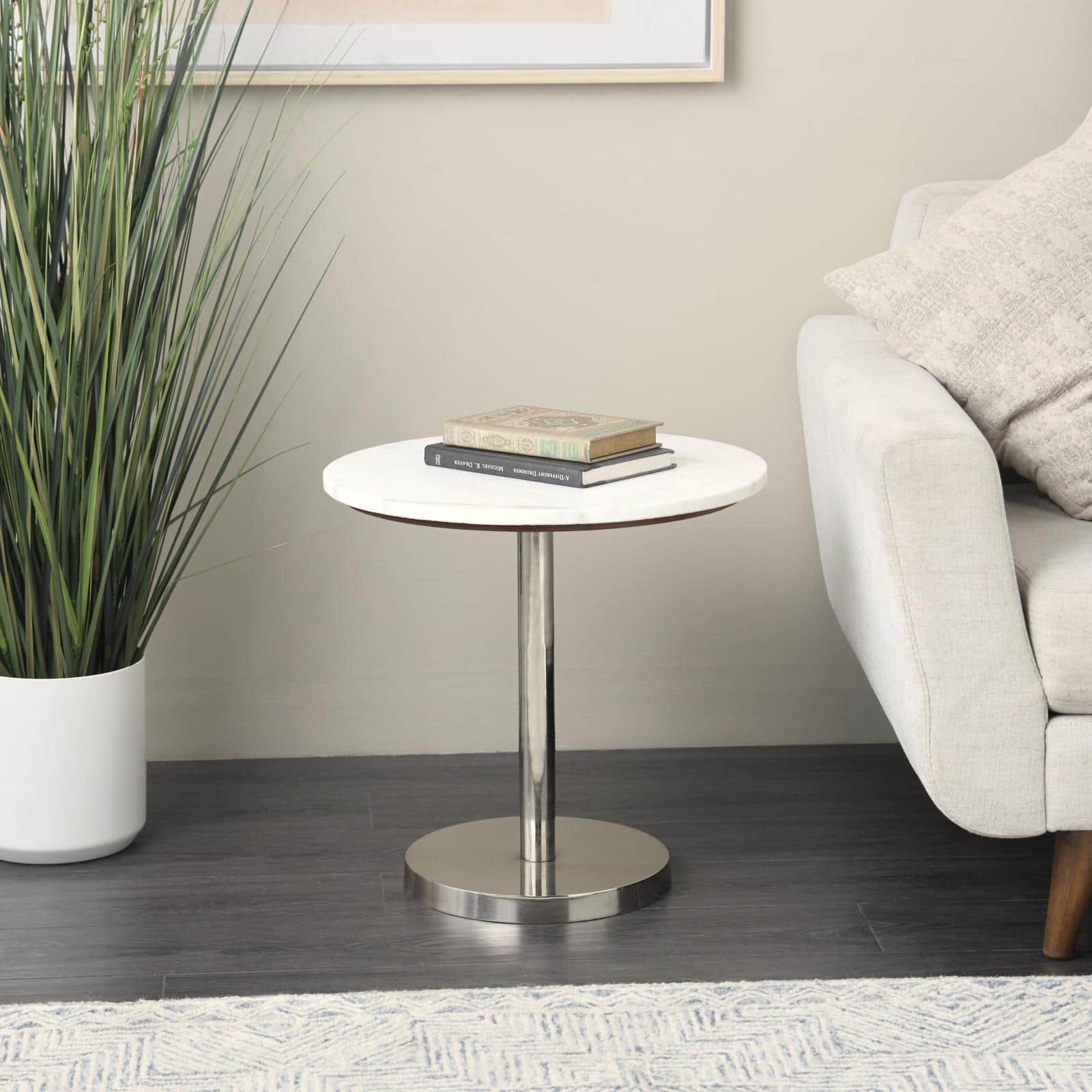 19" x 20" Silver Metal Geometric Pedestal Accent with White Marble Tabletop