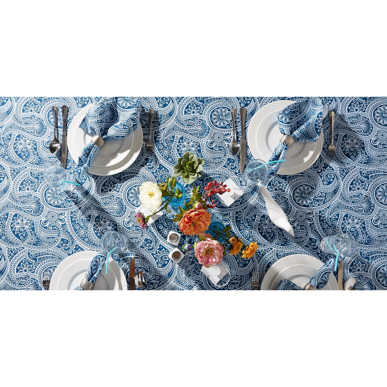 Blue Paisley Print Outdoor Tablecloth 60" Round