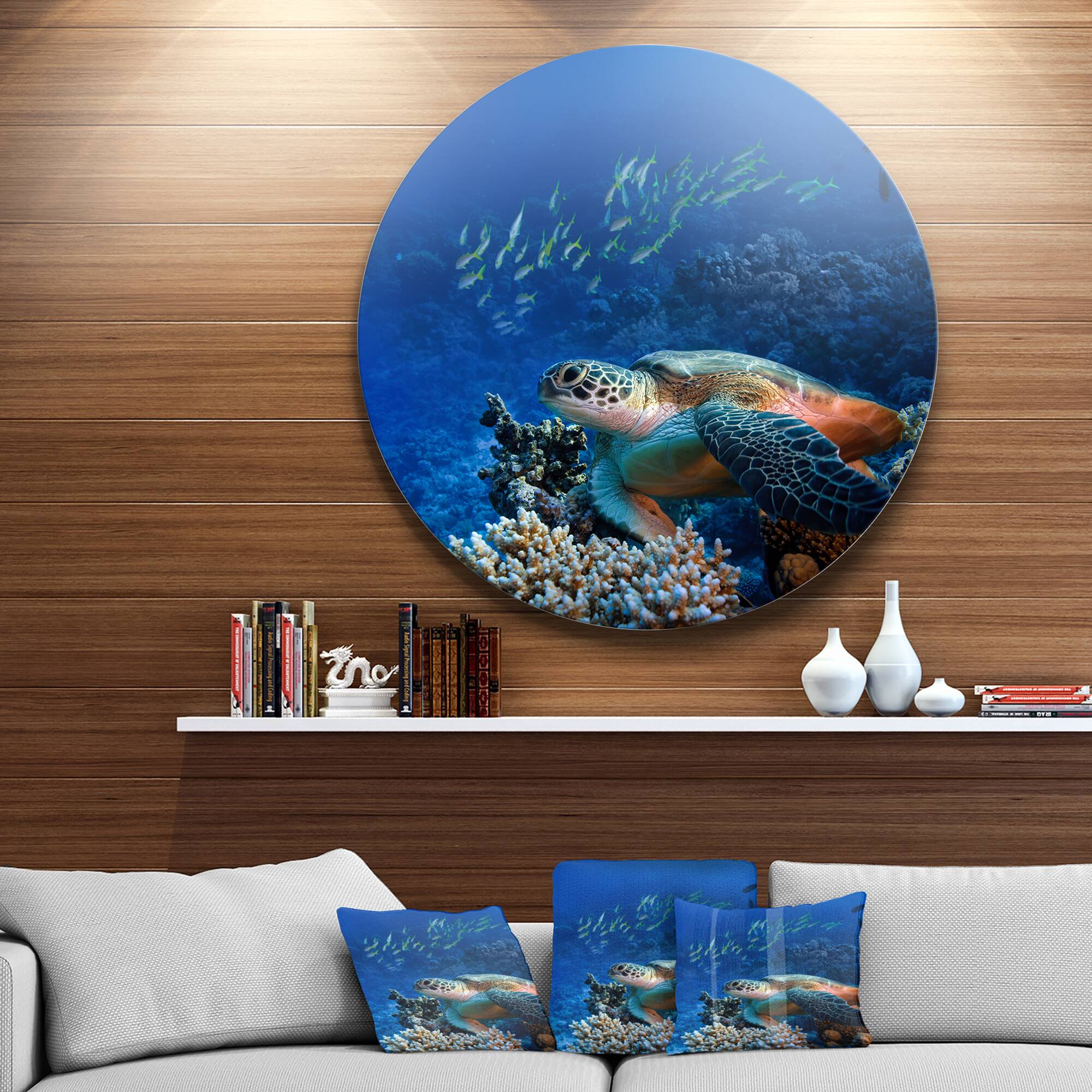 Designart - Large Sea Turtle underwater' Ultra Vibrant Abstract Metal Circle Wall Art