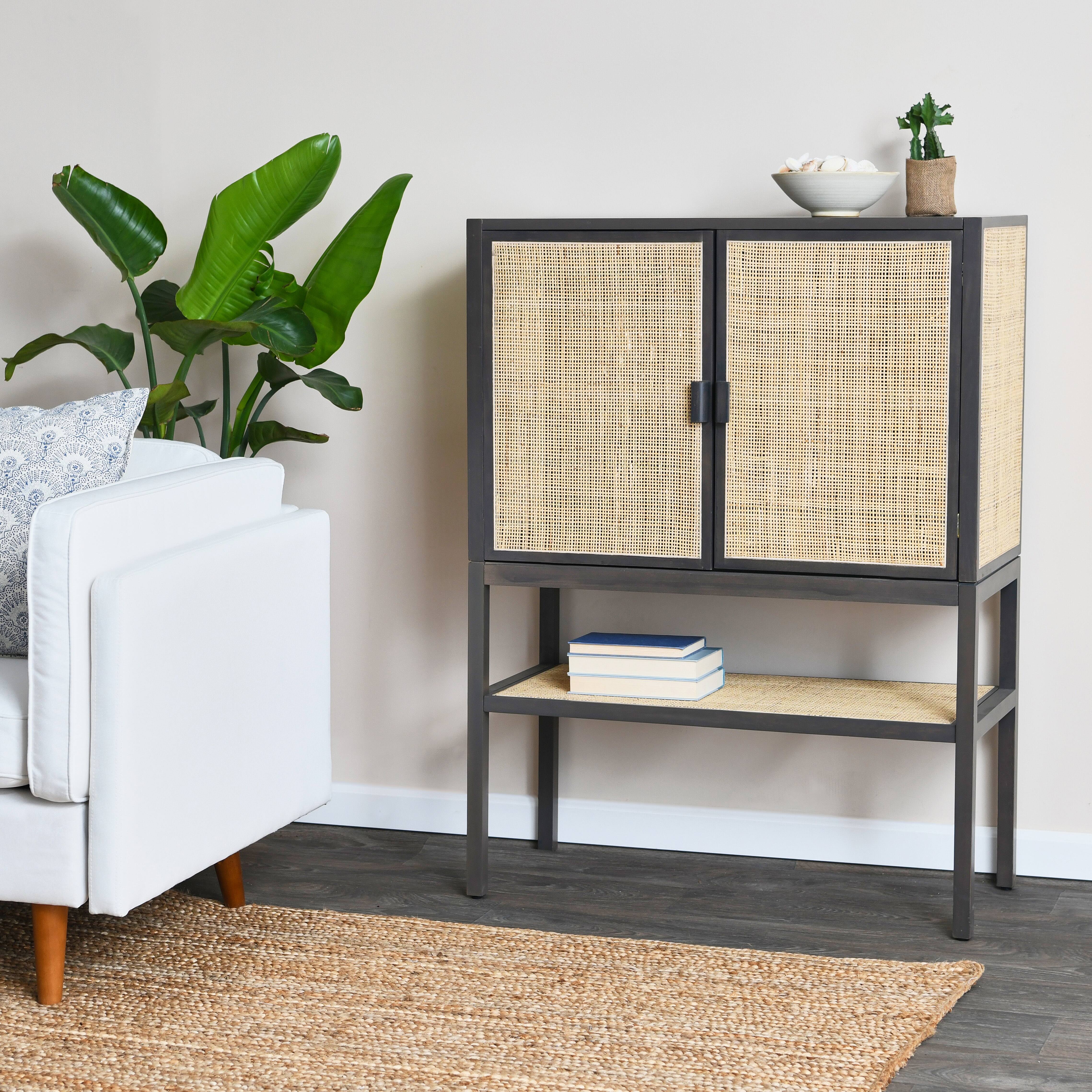 Hello Honey® 47" Boho Woven Rattan and Wood Cabinet with Doors, Shelf