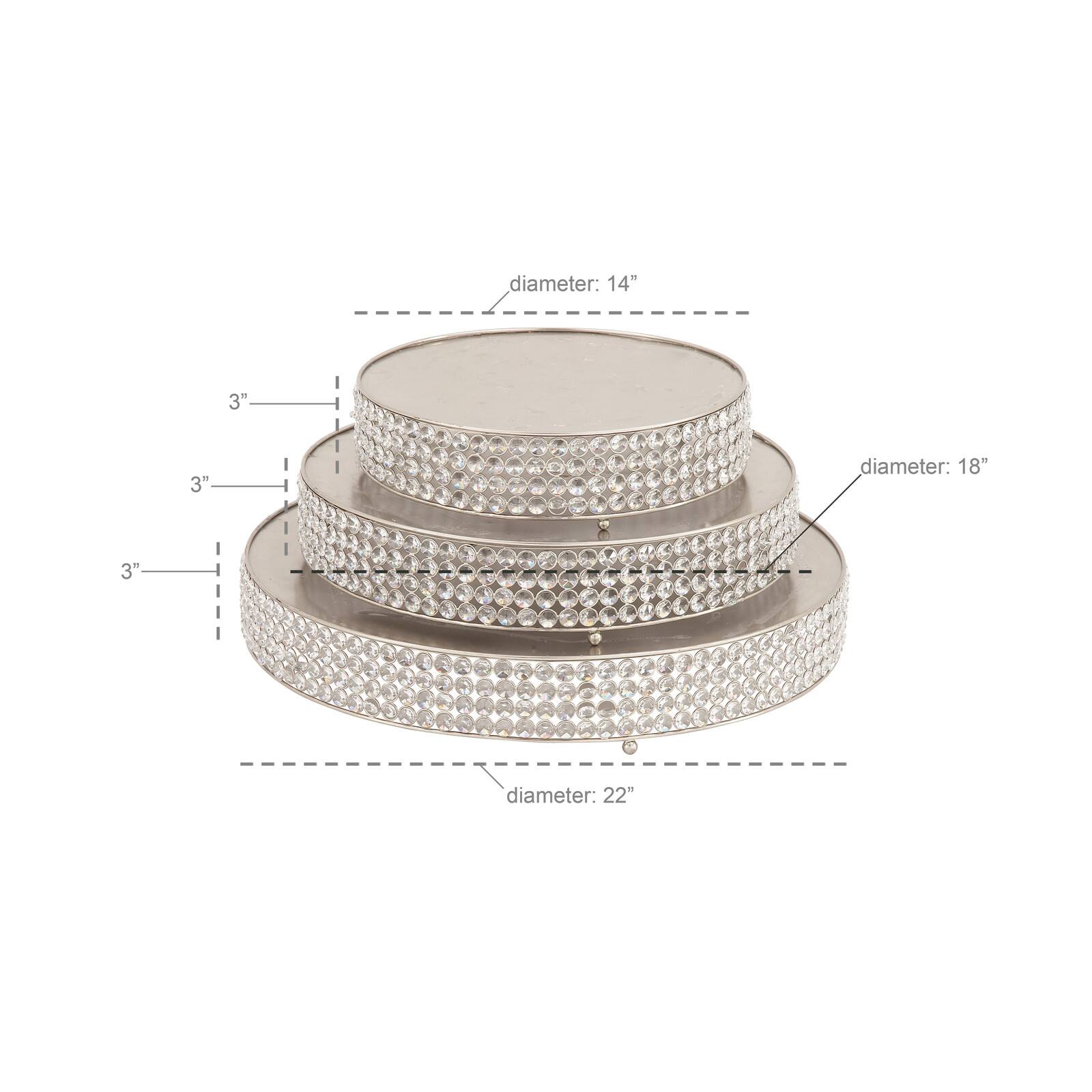 Glam Round Silver Metal and Glass Bead Cake Stand, Set of 3, 3"
