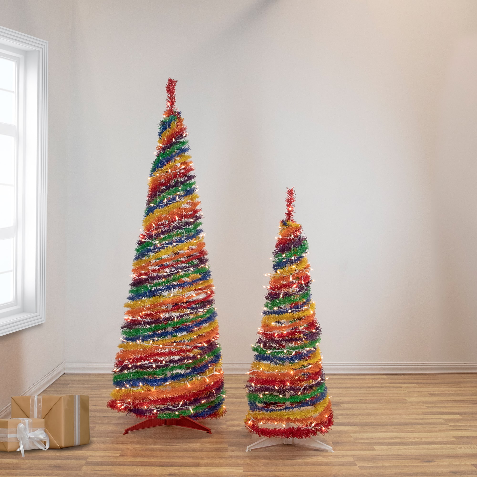 6ft. Pre-Lit Rainbow Tinsel Pop-Up Artificial Christmas Tree, Clear Lights