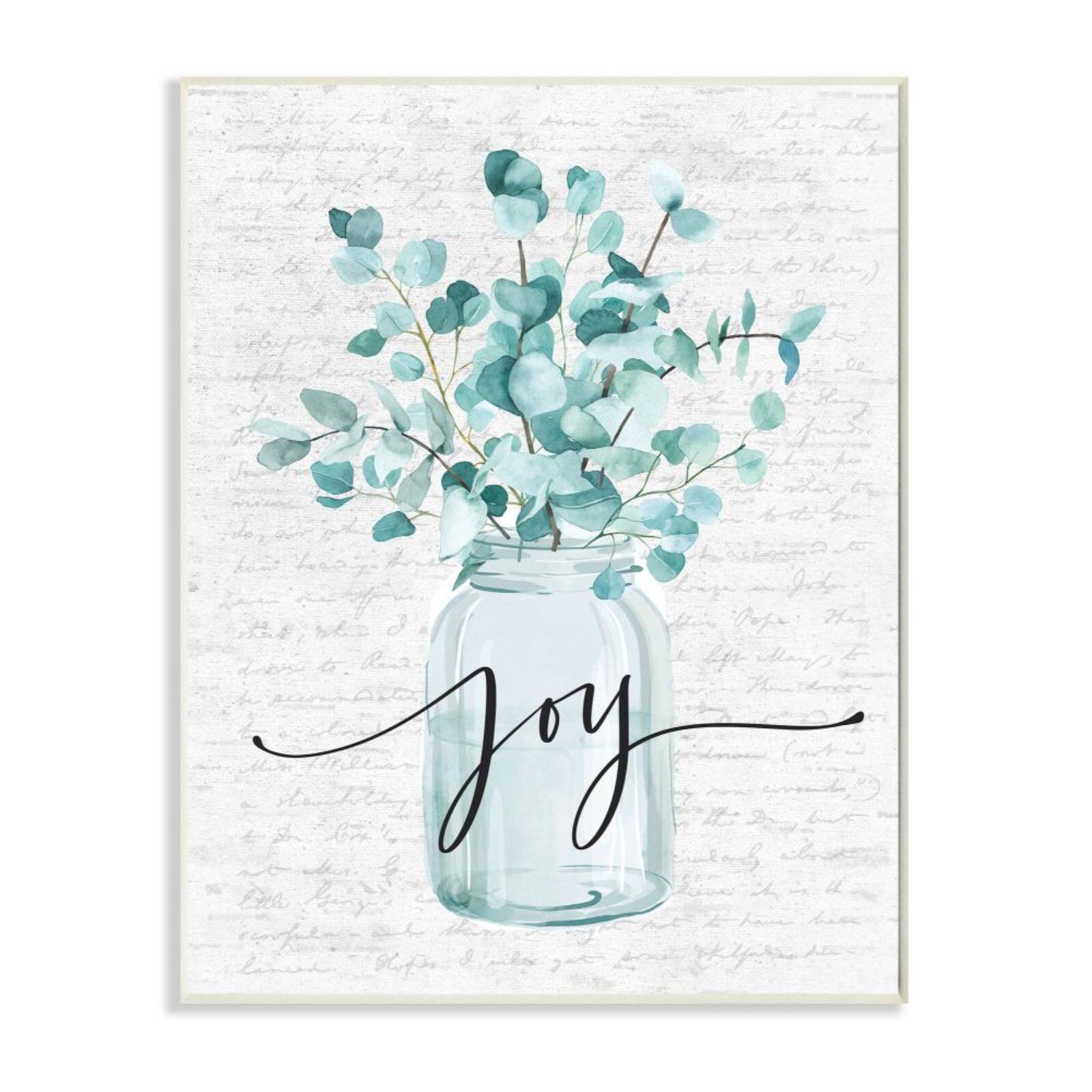 Stupell Industries Aqua Blue Plant Leaves In Joy Jar Wall Plaque