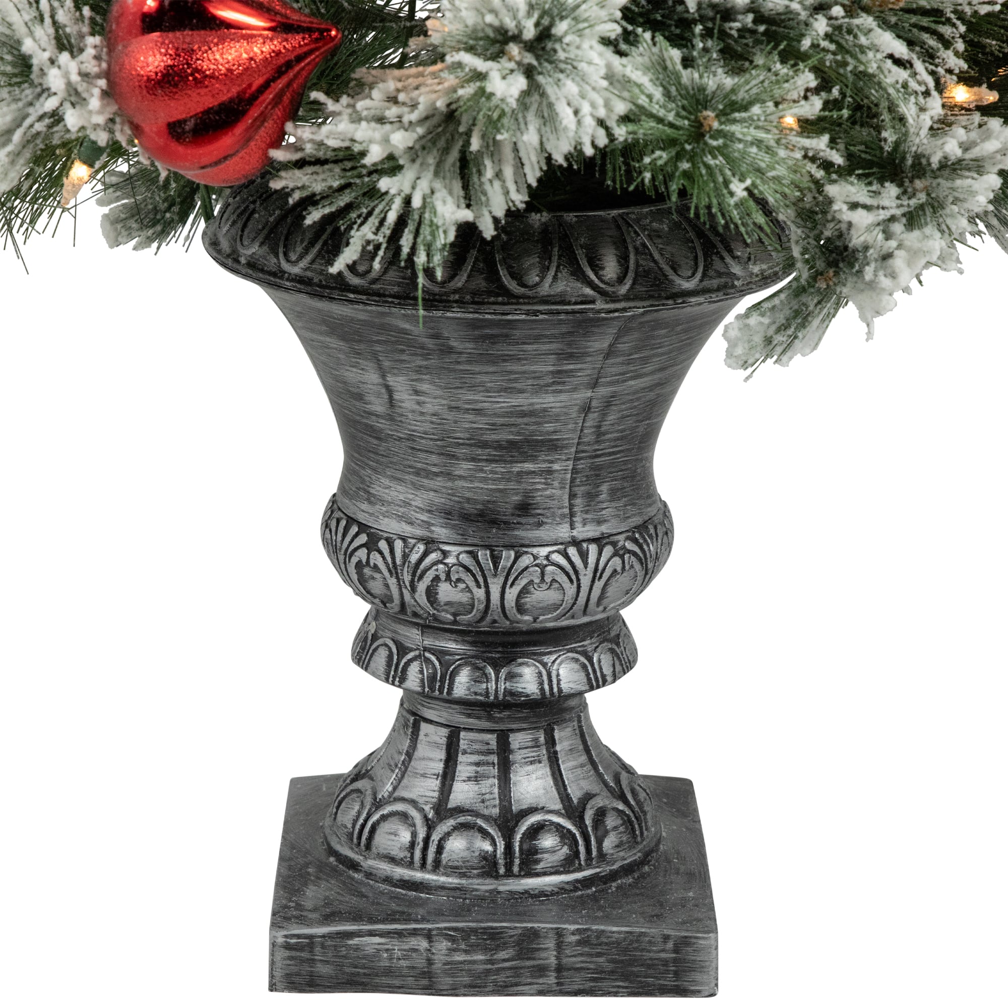 4ft. Pre-Lit Snowy Bristle Pine Flocked Artificial Christmas Tree in Silver Urn, Clear Lights