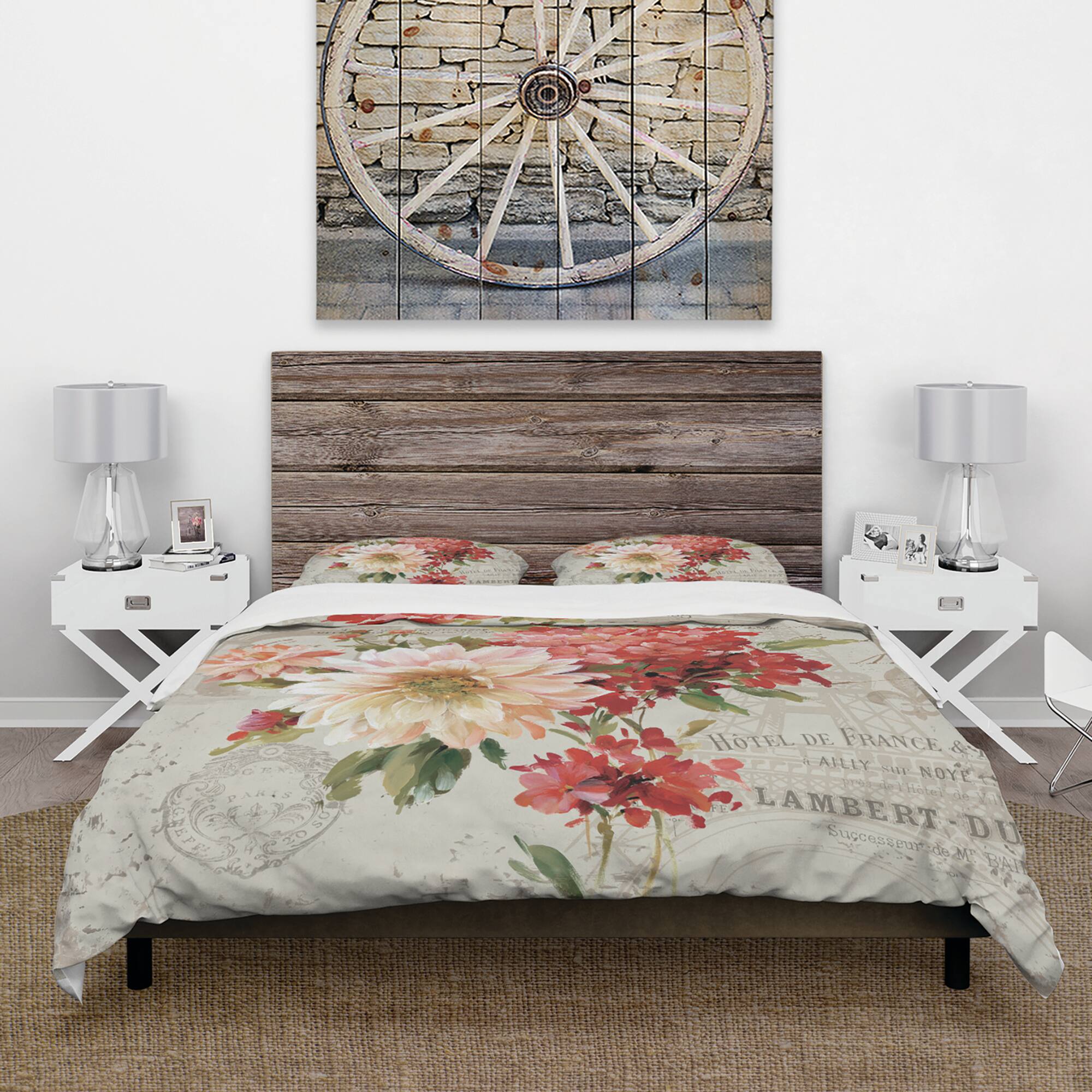 Designart 'Red Painted Flowers on Vintage Postcard III' Cottage Bedding Set - Duvet Cover & Shams