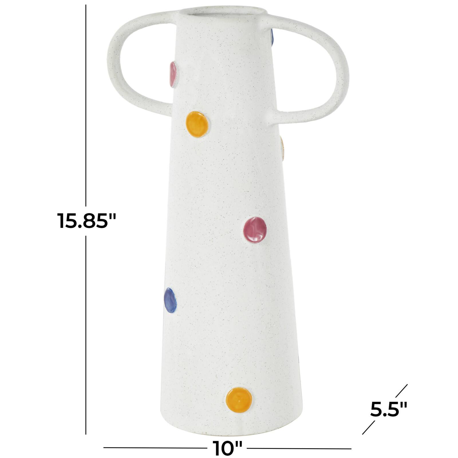 16" White & Multicolor Spots Slim Cone Ceramic Decorative Vase with Handles