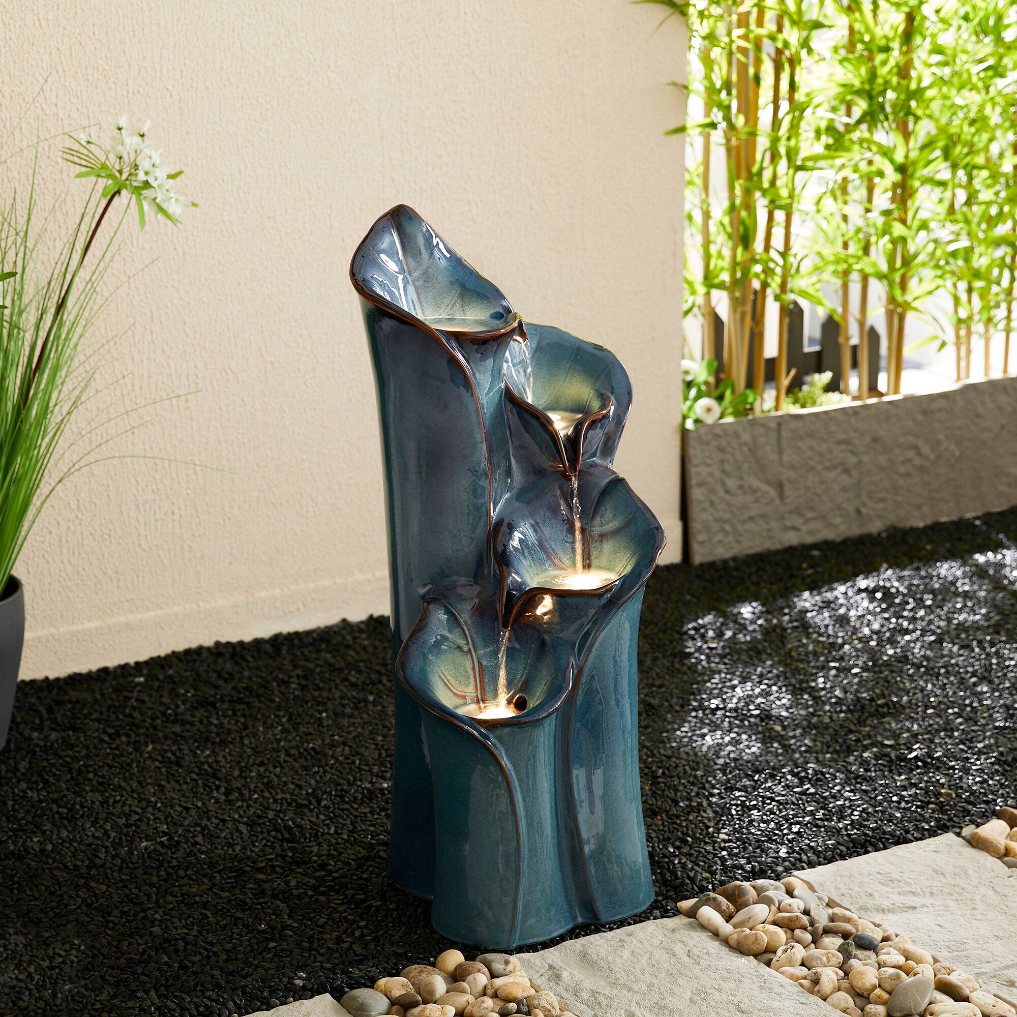 Glitzhome® 31.25" 4-Tier LED Lotus Leaf Textured Ceramic Vase Outdoor Floor Fountain