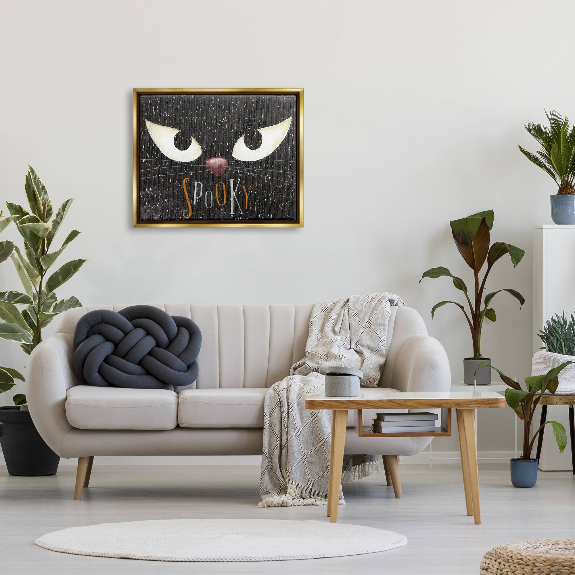 Stupell Industries Spooky Halloween Black Cat Eyes Framed Floater Canvas Wall Art