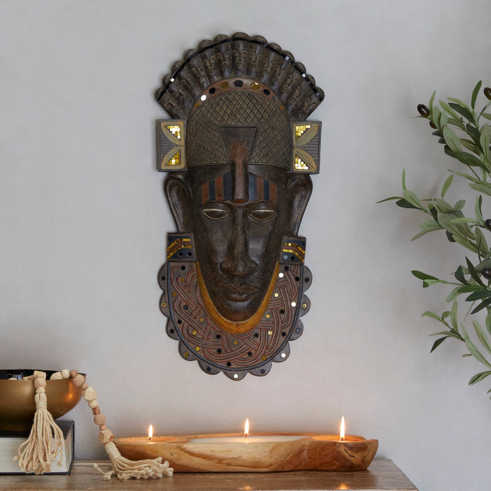 Brown Polystone Primitive African Mask Sculpture 12" x 4" x 24"