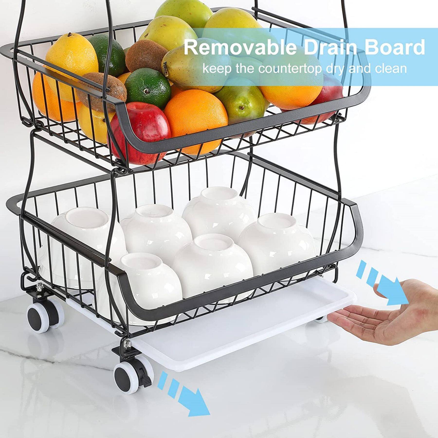 Black 4-Tier Fruit Storage Basket Rolling Cart