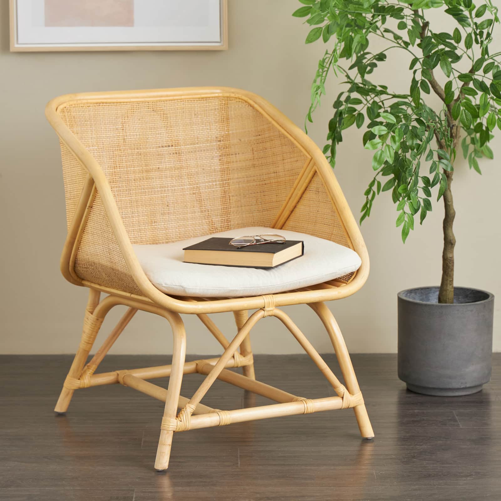 32" x 26" x 24" Light Brown Rattan Woven Squared Accent Chair with White Fabric Cushion