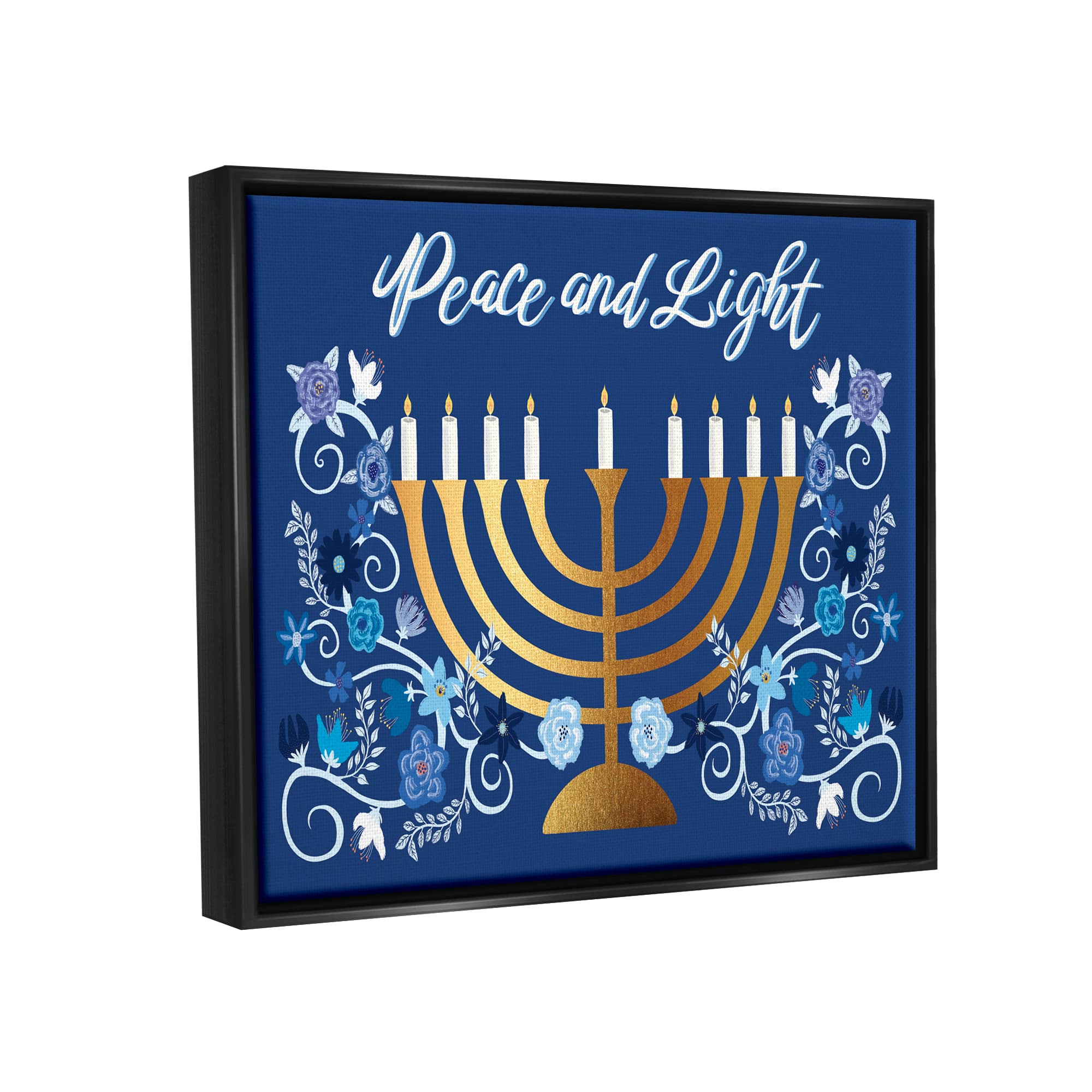 Stupell Industries Peace & Light Floral Hanukkah Menorah Framed Floater Canvas Wall Art