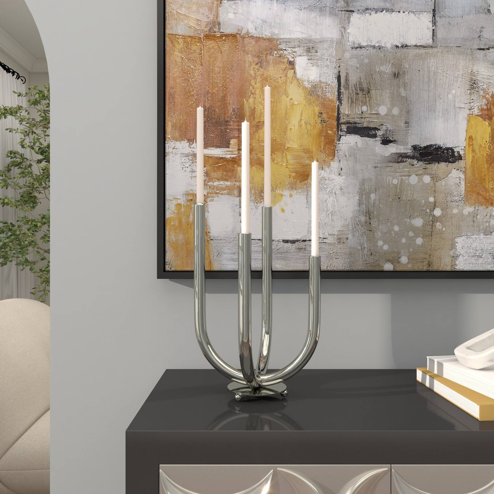 15" Silver Stainless Steel Abstract U-Shaped Candelabra