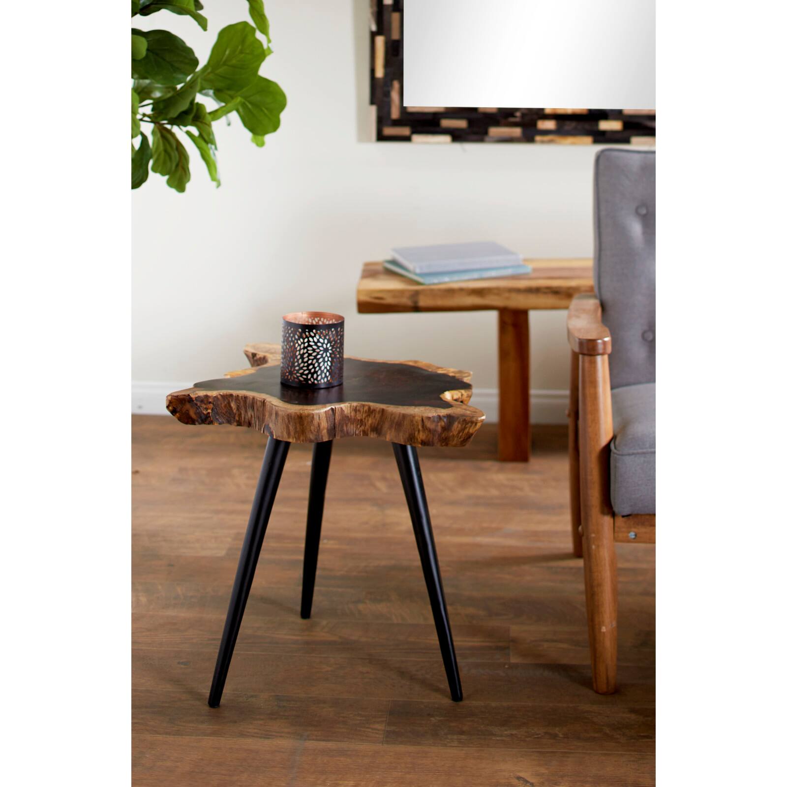 21" Brown Rosewood & Metal Contemporary Accent Table