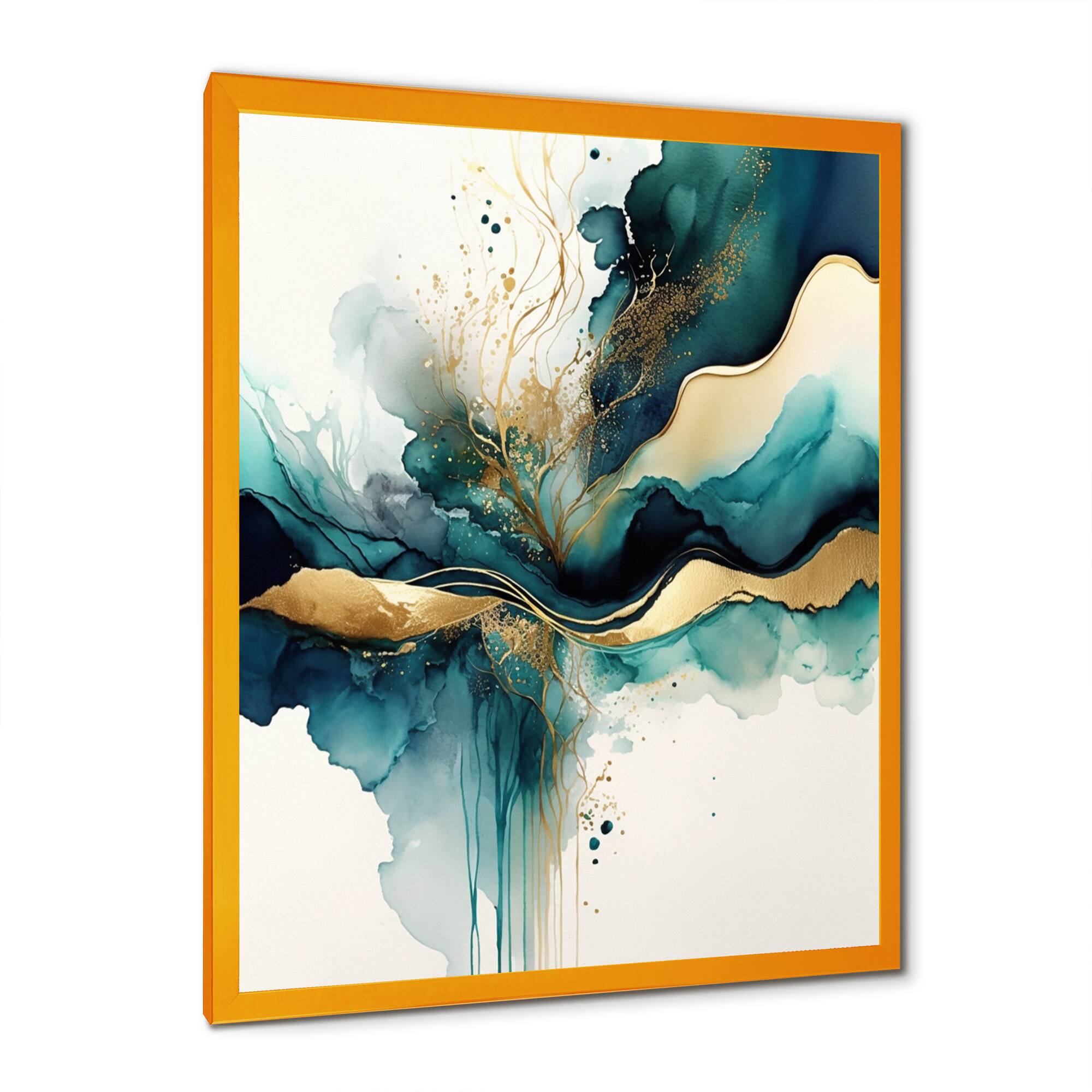 Designart 'Teal And Gold Abstract Expression III' Modern Framed Canvas Wall Art